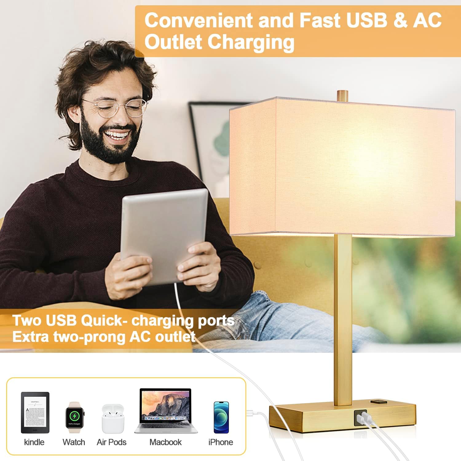 21" Touch Bedside lamps with 2 USB & AC Outlets, 3-Way Dimmable Bedside Table Lamps Set of 2 for Bedroom Living Room Office Reading, White Shade Lamps for Night Stands, 2700K LED Bulbs Included - Image 7