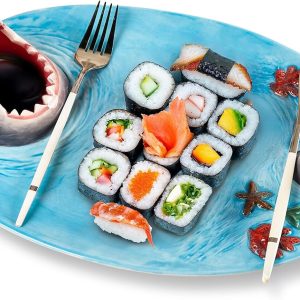 2 Pack Blue Ceramic Shark Plate, Shark Sushi Plates, Funny Handmade Kitchen Salad Plates with Dipping Sauce Bowl, Microwave/Oven/Dishwasher Safe Plates, Holiday Birthday Gifts for Shark Party Lovers