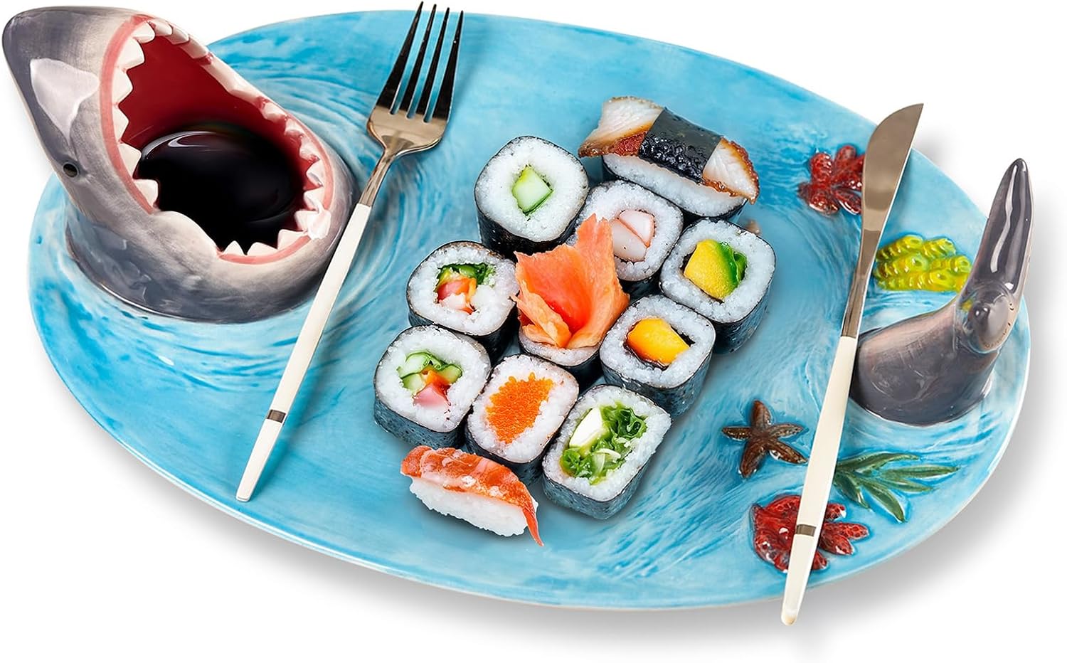 2 Pack Blue Ceramic Shark Plate, Shark Sushi Plates, Funny Handmade Kitchen Salad Plates with Dipping Sauce Bowl, Microwave/Oven/Dishwasher Safe Plates, Holiday Birthday Gifts for Shark Party Lovers
