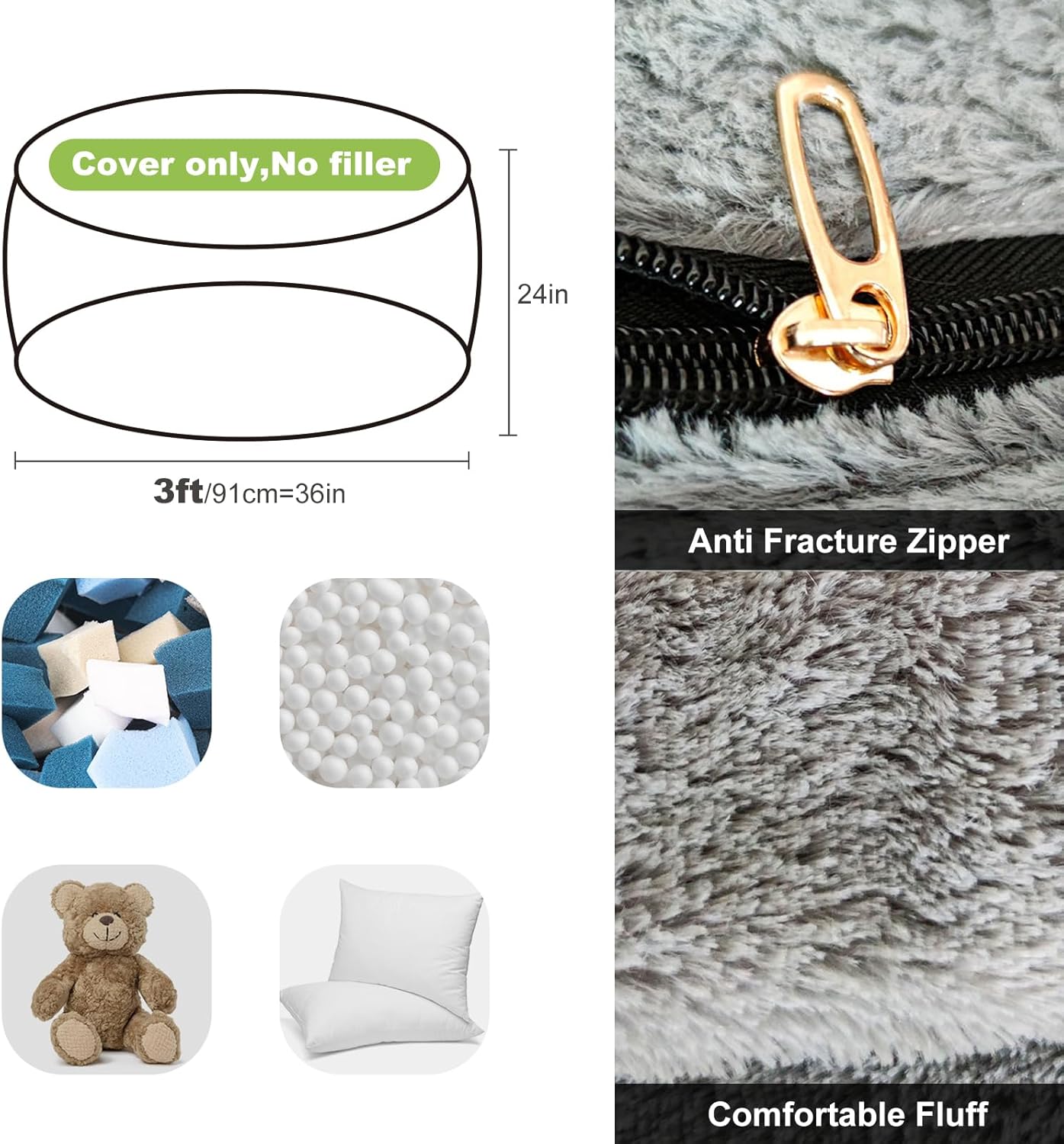 Bean Bag Chair Cover Without Filler,Round Soft Fluffy PV Velvet Washable Bean Bag Lazy Sofa Bed Cover for Adults,Living Room Bedroom Furniture Outside,3ft Dark Grey(No Filler) - Image 2