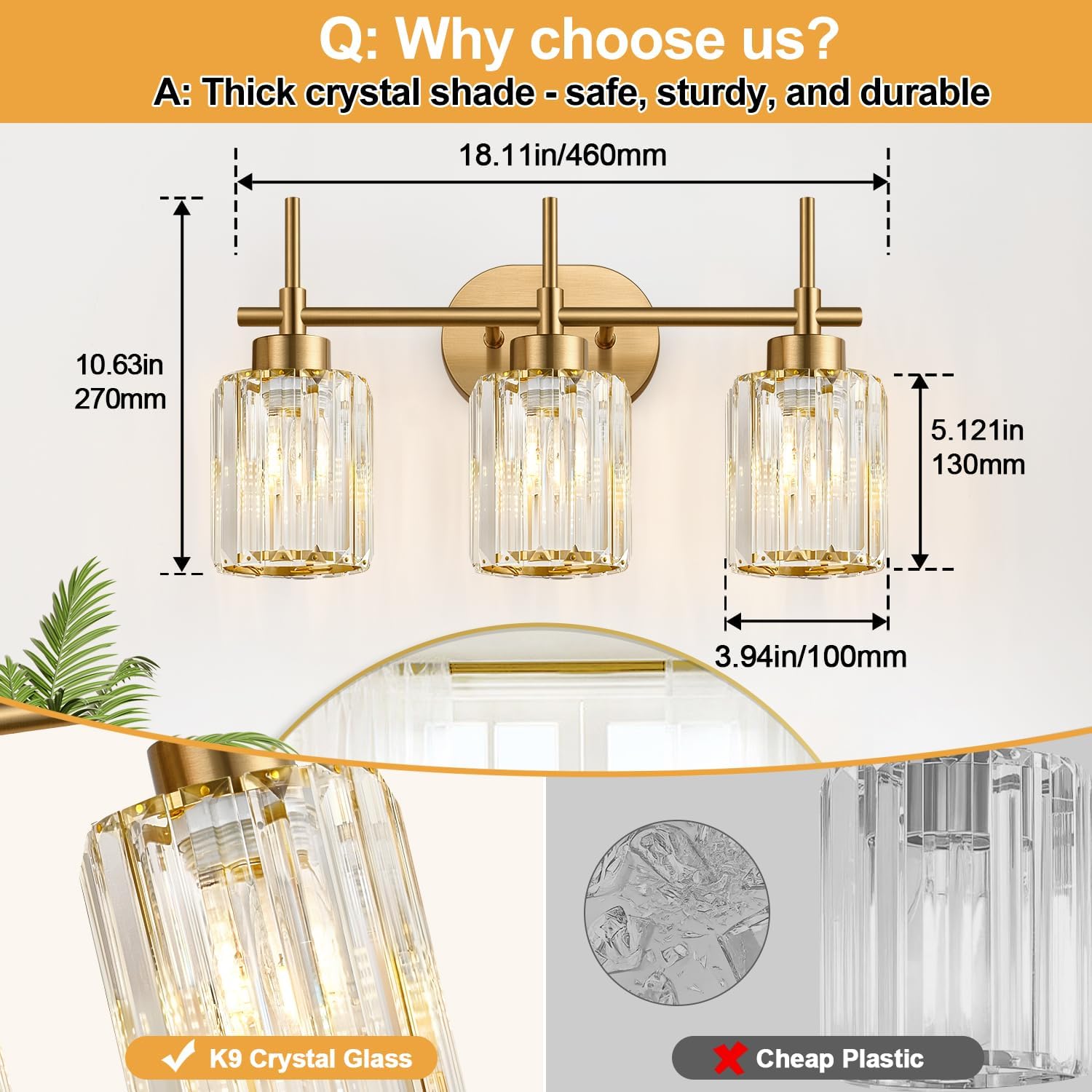 Modern Crystal Bathroom Vanity Light, 3-Light Brushed Gold Bathroom Light Fixtures with Clear Shades, Vanity Lighting Fixtures Over Mirror (Exclude Bulb) - Image 5