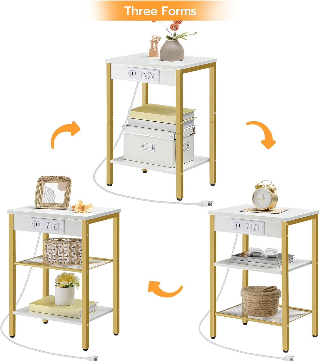 HOOBRO End Tables Set of 2 with Charging Station and USB Ports, 3-Tier Nightstands with Adjustable Shelves, Small Side Tables for Small Space in Living Room, Bedroom, White and Gold DW112BZP201G1 - Image 6