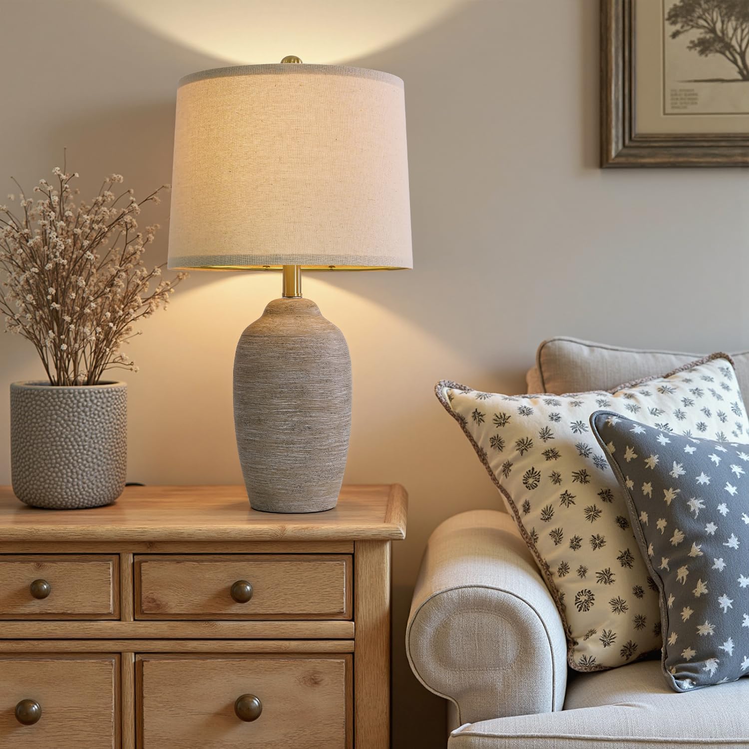 24.5" Handcrafted Ceramic Table Lamp - Single Farmhouse Vintage Rustic Bedside Lighting for Living Room, Bedroom, Entryway | Nightstand & End Table Decor with Linen Shade (Bulb Not Included) - Image 3