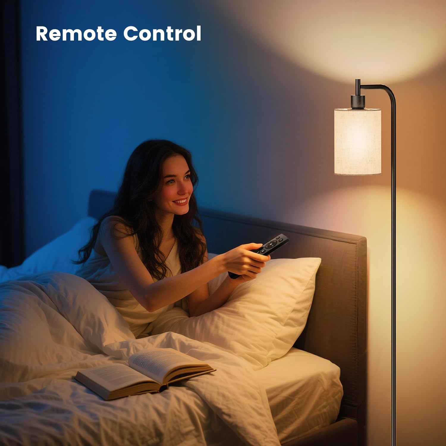 Floor Lamp with Linen Shade, Dimmable Tall Standing Lamp with Remote Control & 3 Color Temperatures, Modern Floor Lamps for Living Room Bedroom Office Corner, 9W LED Bulb Included - Image 3