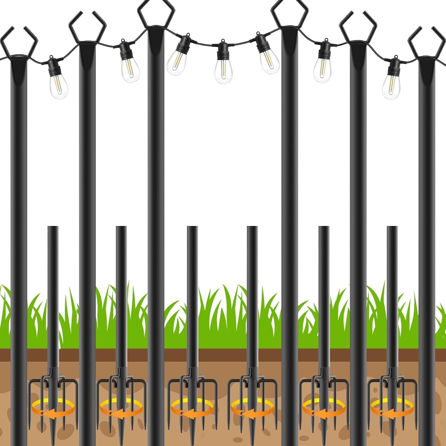 6 Pack String Light Poles, Outdoor String Light Pole 10 ft Forked Metal Light Pole with Adjustable Outdoor Light Stand, Deck, Backyard, Garden, Wedding, Rustproof and Sturdy with Hooks.