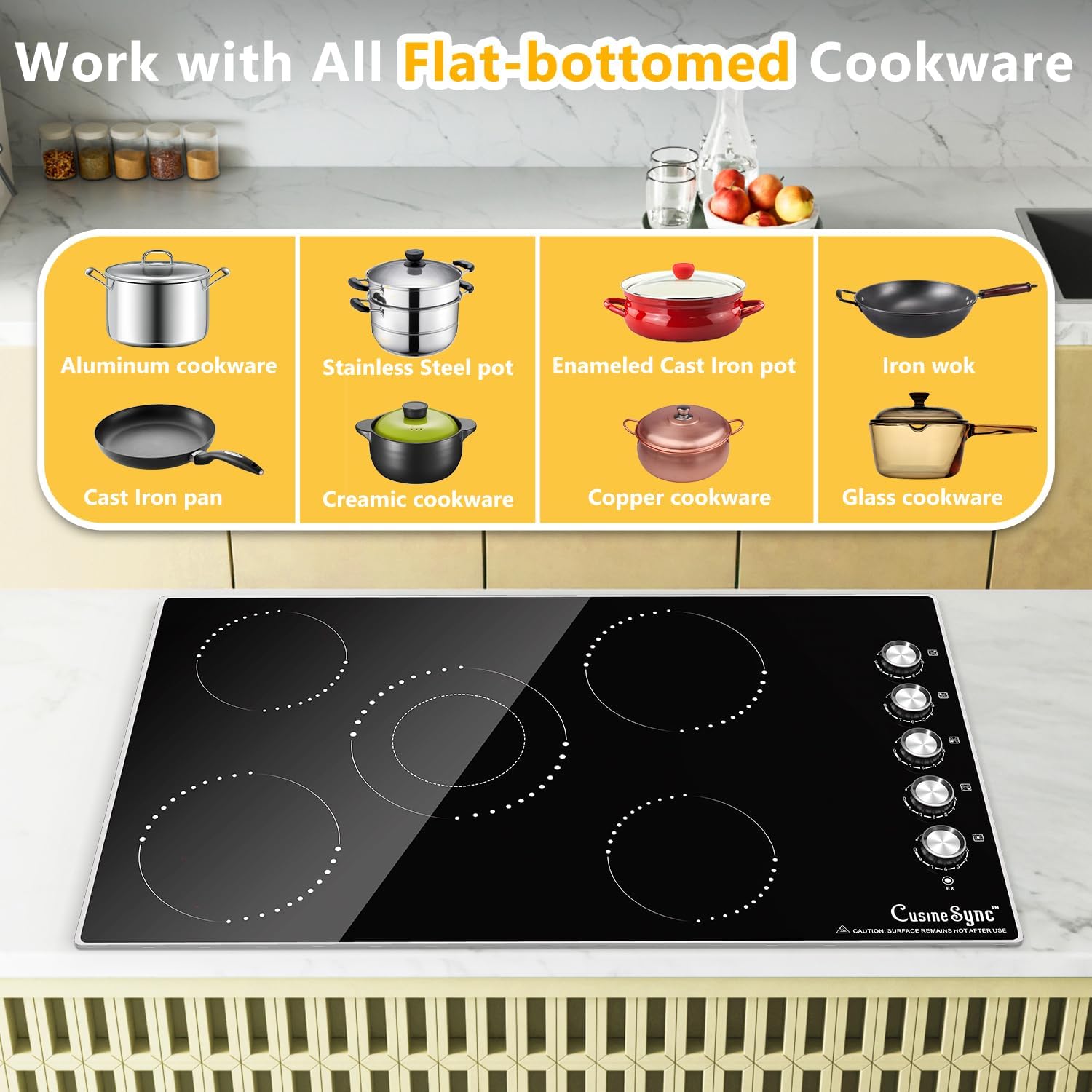 36 Inch Electric Cooktop, 5 Burner Ceramic Stove Top with 9 Power Levels, Knob Control, Auto shutdown and Residual Heat Warning, 8500W, 220-240V for Hard Wire - Image 9
