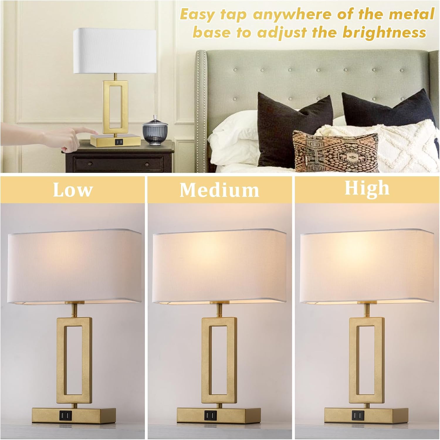 Gold Table Lamps Set of 2 with Dual USB Ports,3-Way Dimmable Touch Control Bedside Lamps,Modern Bedroom Table Lamp for Living Room,Nightstand LED Bulbs Included - Image 2