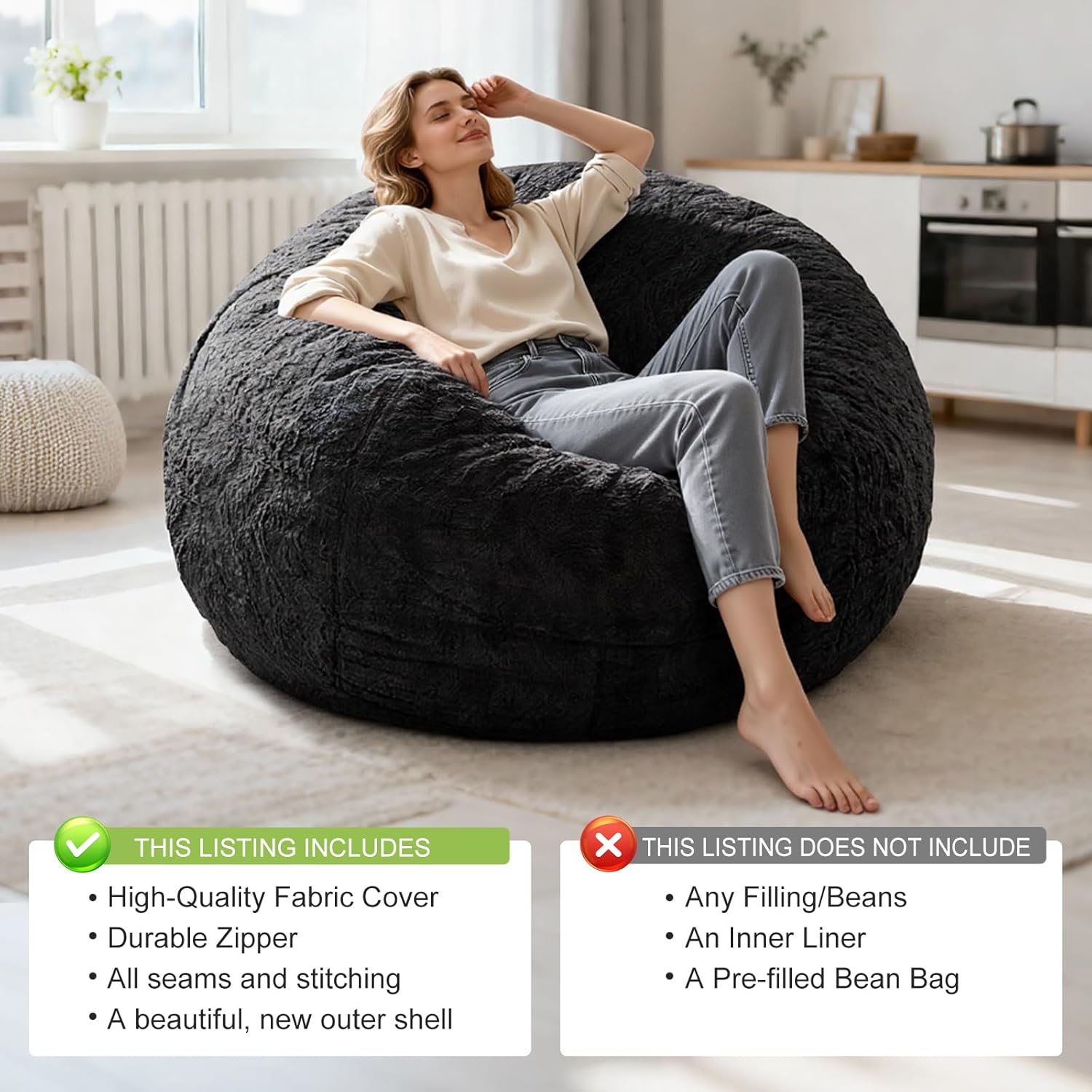 Bean Bag Chair Cover Without Filler,Round Soft Fluffy PV Velvet Washable Bean Bag Lazy Sofa Bed Cover for Adults,Living Room Bedroom Furniture Outside,3ft Dark Grey(No Filler) - Image 5