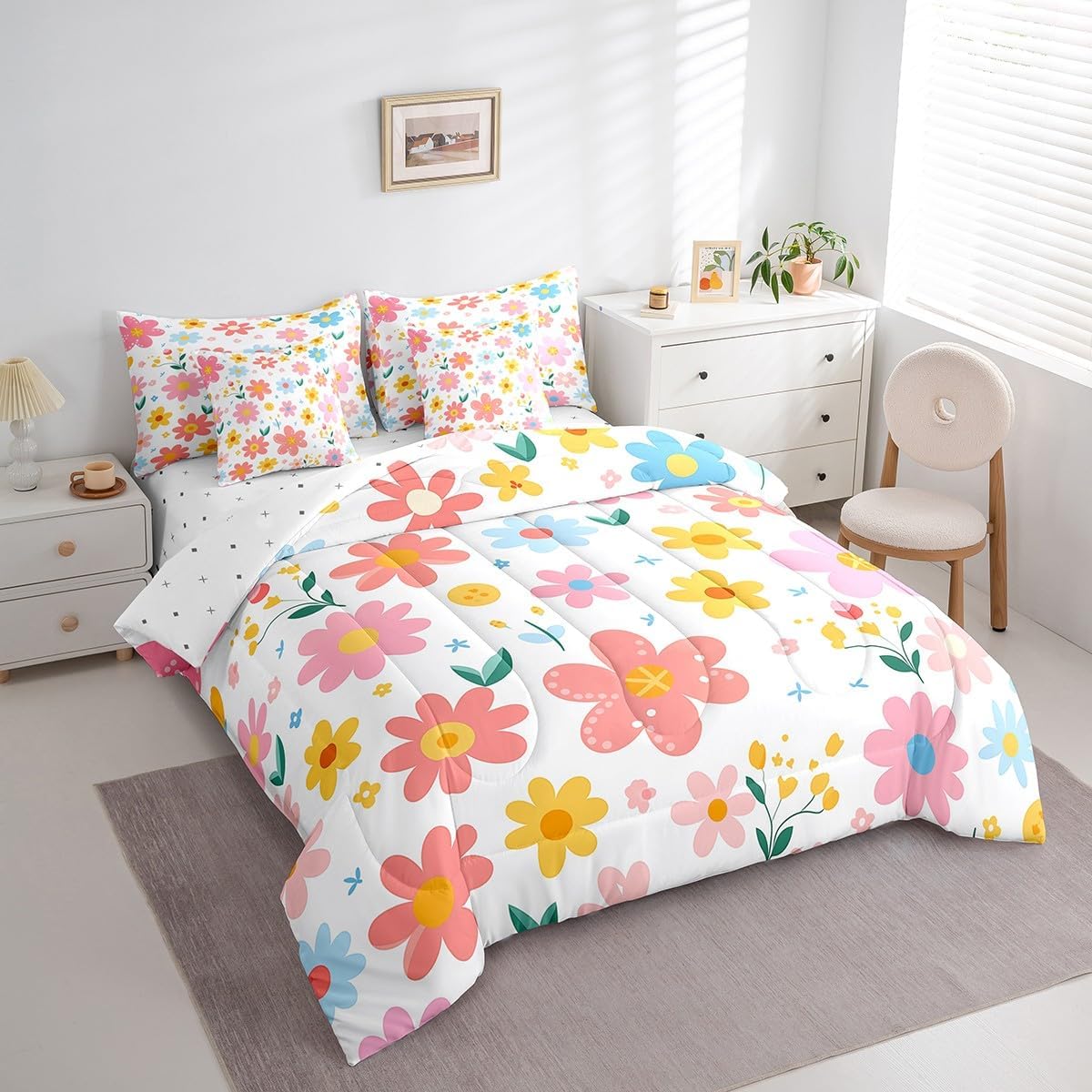 Feelyou Cute Flower 7 Piece Bedding Set Full Size Kids Cartoon Cute Floral Bed in a Bag for Kids Girls Teens Toddler Yellow Pink Comforter Set with Sheets Kawaii Bed Set - Image 2