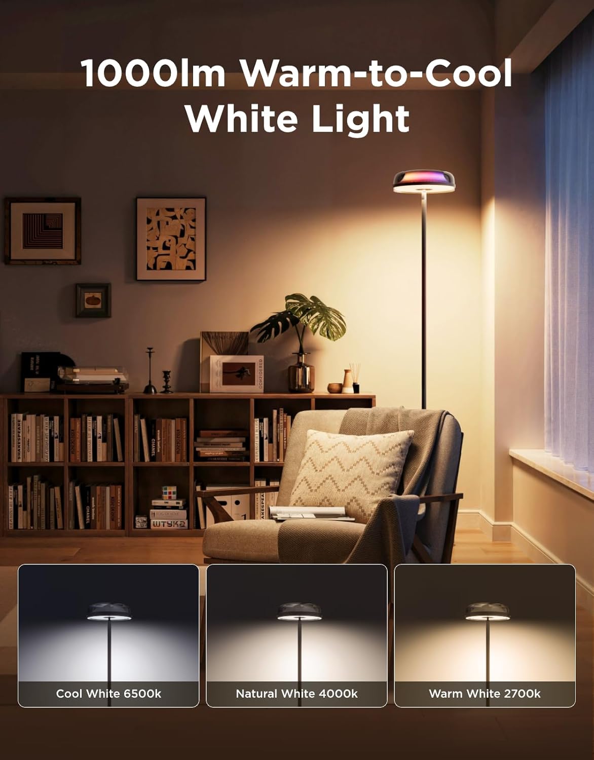 Govee Uplighter Floor Lamp for Living Room, RGBIC Ripple Projector, Floor Lamp for Bedroom Works with Matter, 215 ft² Light Area, 1000lm LED Modern Corner Floor Light, Warm Cool White Standing Lamp - Image 3