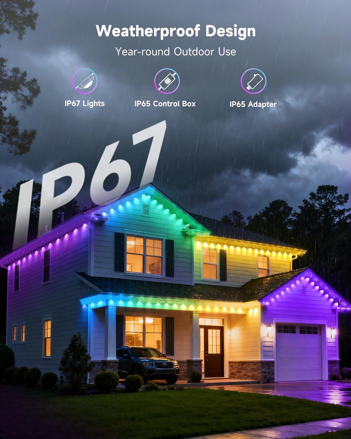 Permanent Outdoor Lights for House, 50FT with 30 RGBCW LEDs for Christmas, Daily and Holiday Lighting, Eave Lights for Outdoor Decorations, IP67 Waterproof, Works with Alexa, Google Assistant, Black - Image 6