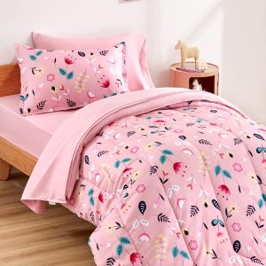 SLEEP ZONE Kids Twin Bedding Comforter Set - Super Cute & Soft Kids Bedding 5 Pieces Set with Comforter, Sheet, Pillowcase & Sham (Pink Flower)