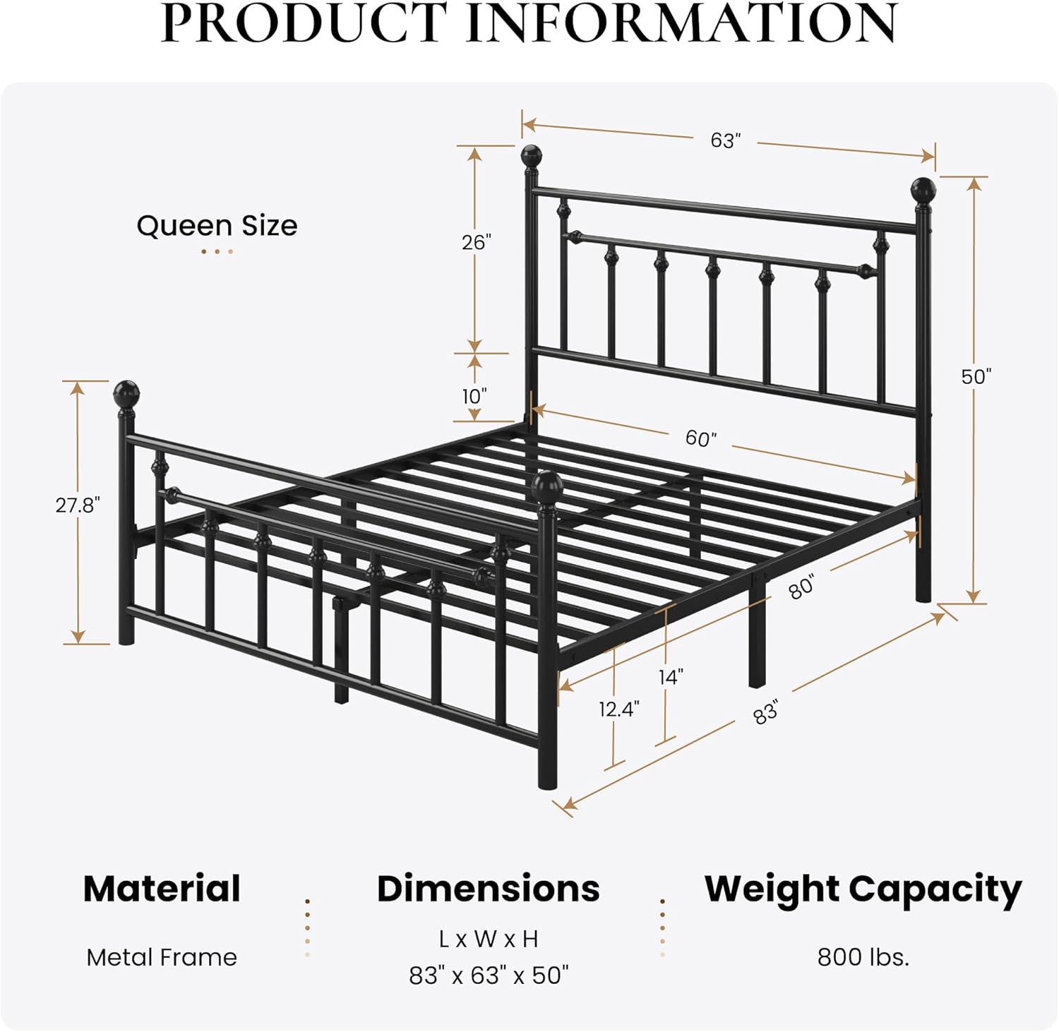 SHA CERLIN 14'' Queen Size Metal Platform Bed Frame/Victorian Headboard and Footboard/Steel Slats Mattress Foundation for Storage/No Box Spring Needed/Noise Free/Black - Image 2