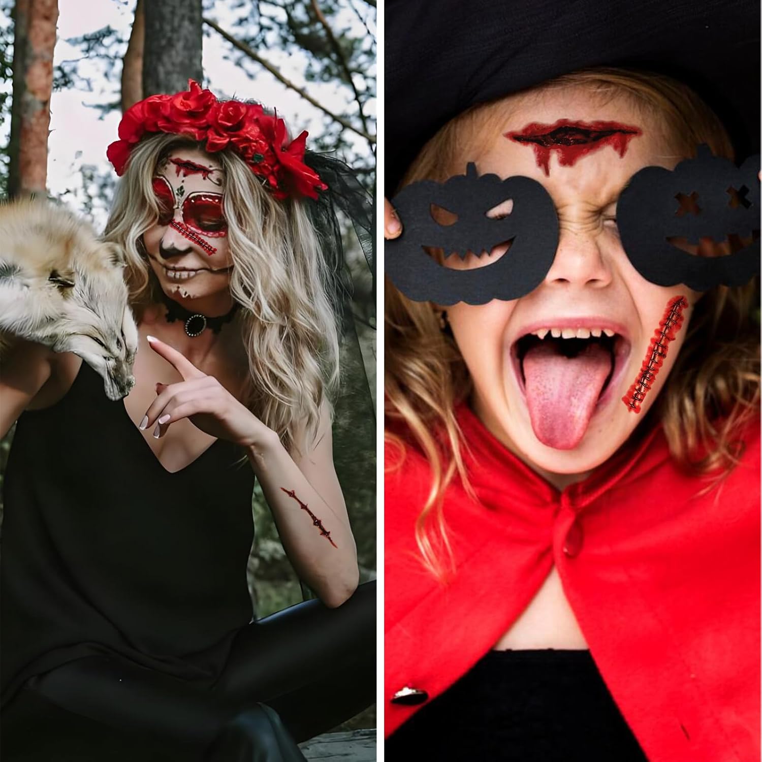 YGDZ Halloween Face Tattoos, Zombie Makeup Kit Fake Scars for Halloween Costume Makeup, Fake Wound Realistic Blood Cuts, Stitch Temporary Tattoos, Halloween Face Stickers for Kids, Adults - Image 9