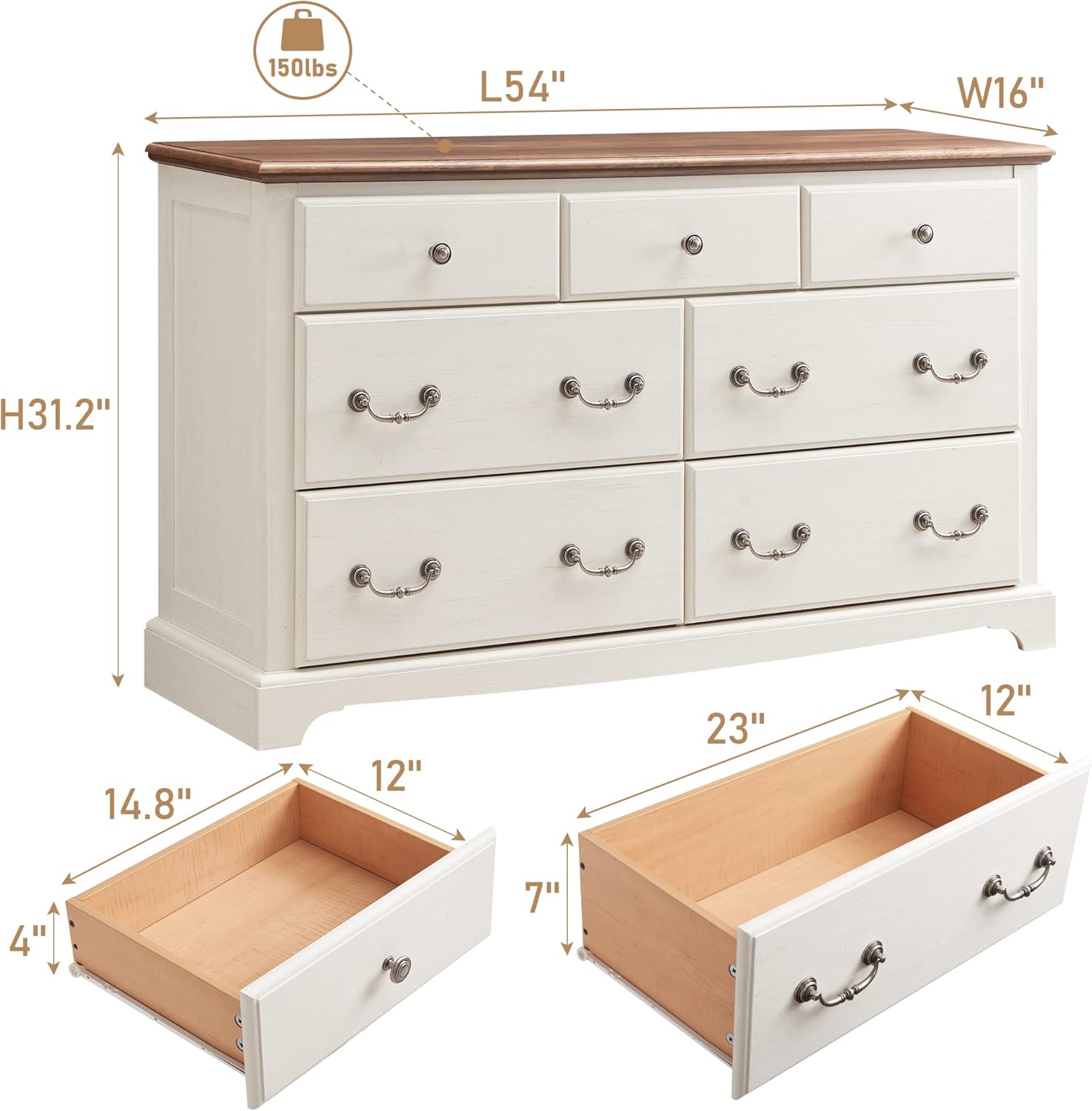 T4TREAM 7 Drawers Dresser Chests for Bedroom, Wood Vintage Chests of Drawers, Rustic Dressers Chset Organizer for Bedroom, Living Room, Hallway, Antique White - Image 2