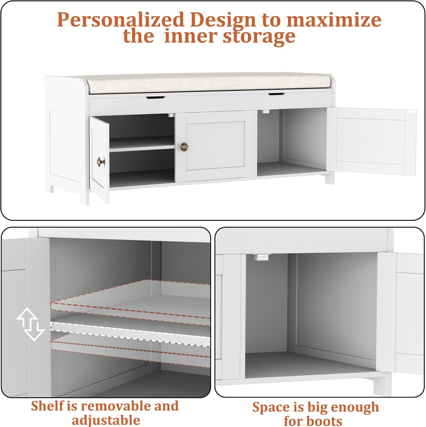 HOMEFORT 41.3" Shoe Bench with Lift Top Storage, Entryway Bench with Cushioned Seat, Wooden End of Bed Bench, Shoe Cabinet Bench with Hidden Storage Space, for Bedroom, Hallway,White - Image 7