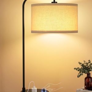Tall Table Lamp with USB Port and Outlet, Dimmable Nightstand Bedside Lamps with Linen Lampshade, Desk Lamp for Bedroom, Living Room, Guest Room, Home Office, LED Bulb Included