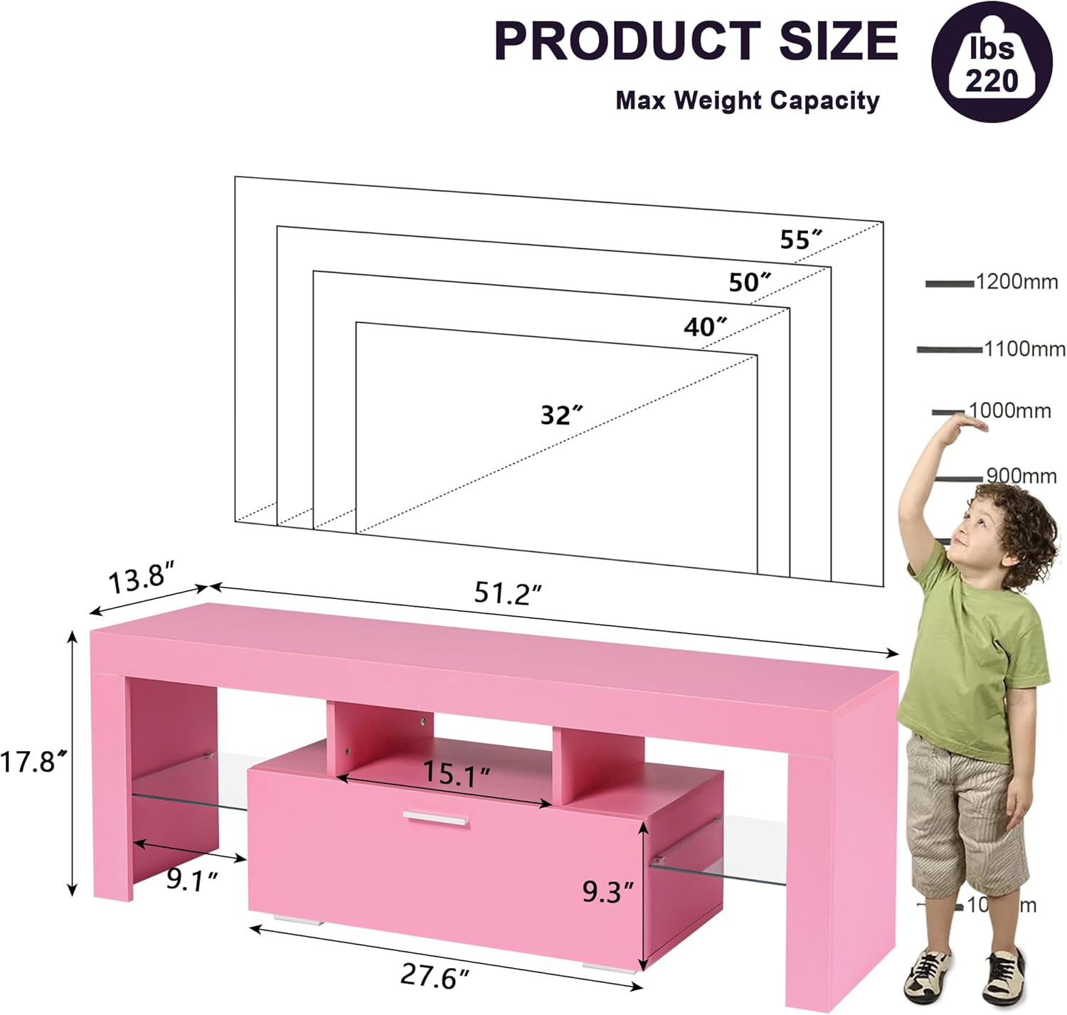 Clikuutory Modern Lighting 51 inch TV Stand with Large Storage Drawer for 32 40 50 55 Inch TVs, TV Console with 20 Color LED Lights, Entertainment Center Media and Open Shelf for Bedroom, Pink - Image 6