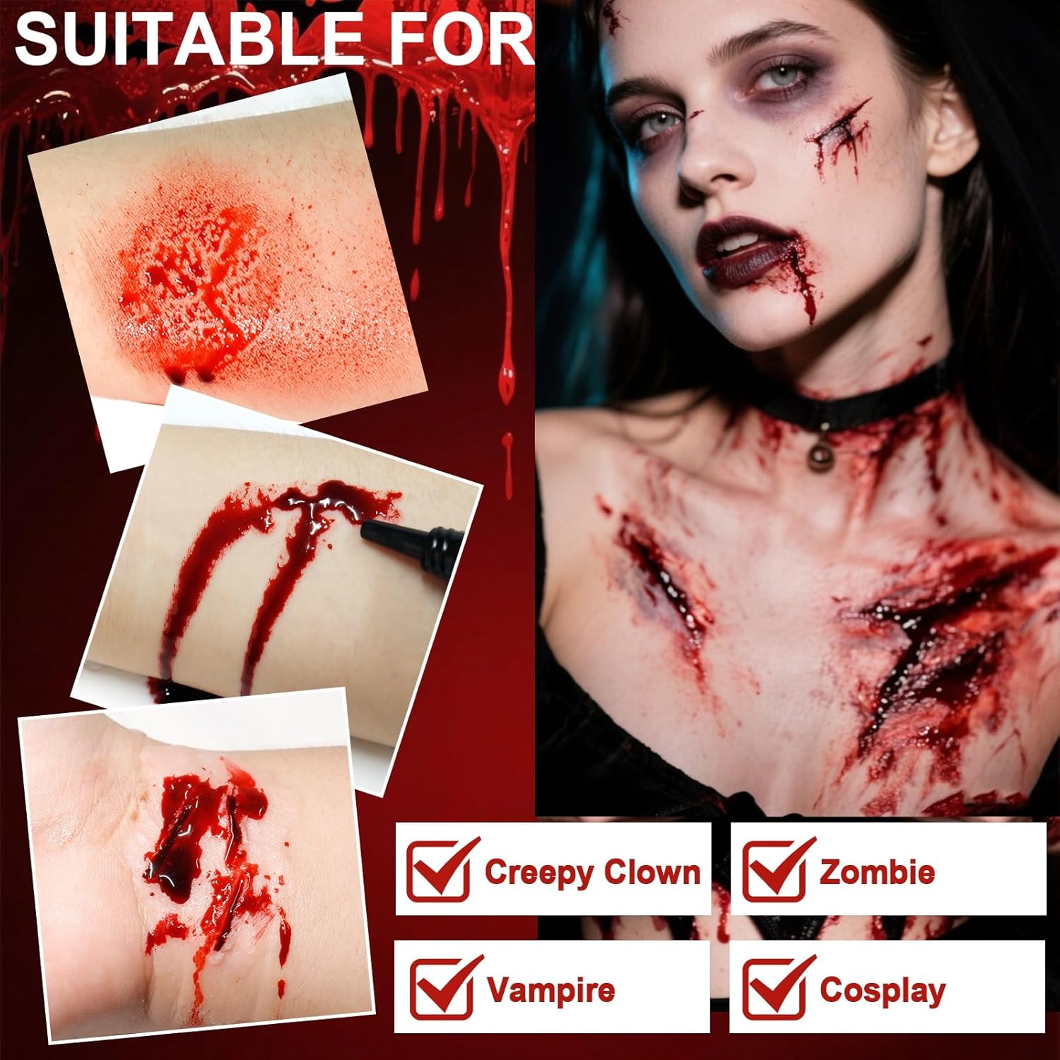 Yosca 3Pcs Halloween Fake Blood, Realistic Washable Fake Blood Spray, Dripping, Coagulated Halloween Makeup Kit, Face Body Paint Special Effects Makeup for Clown Zombie Bride Vampire Monster Cosplay - Image 5