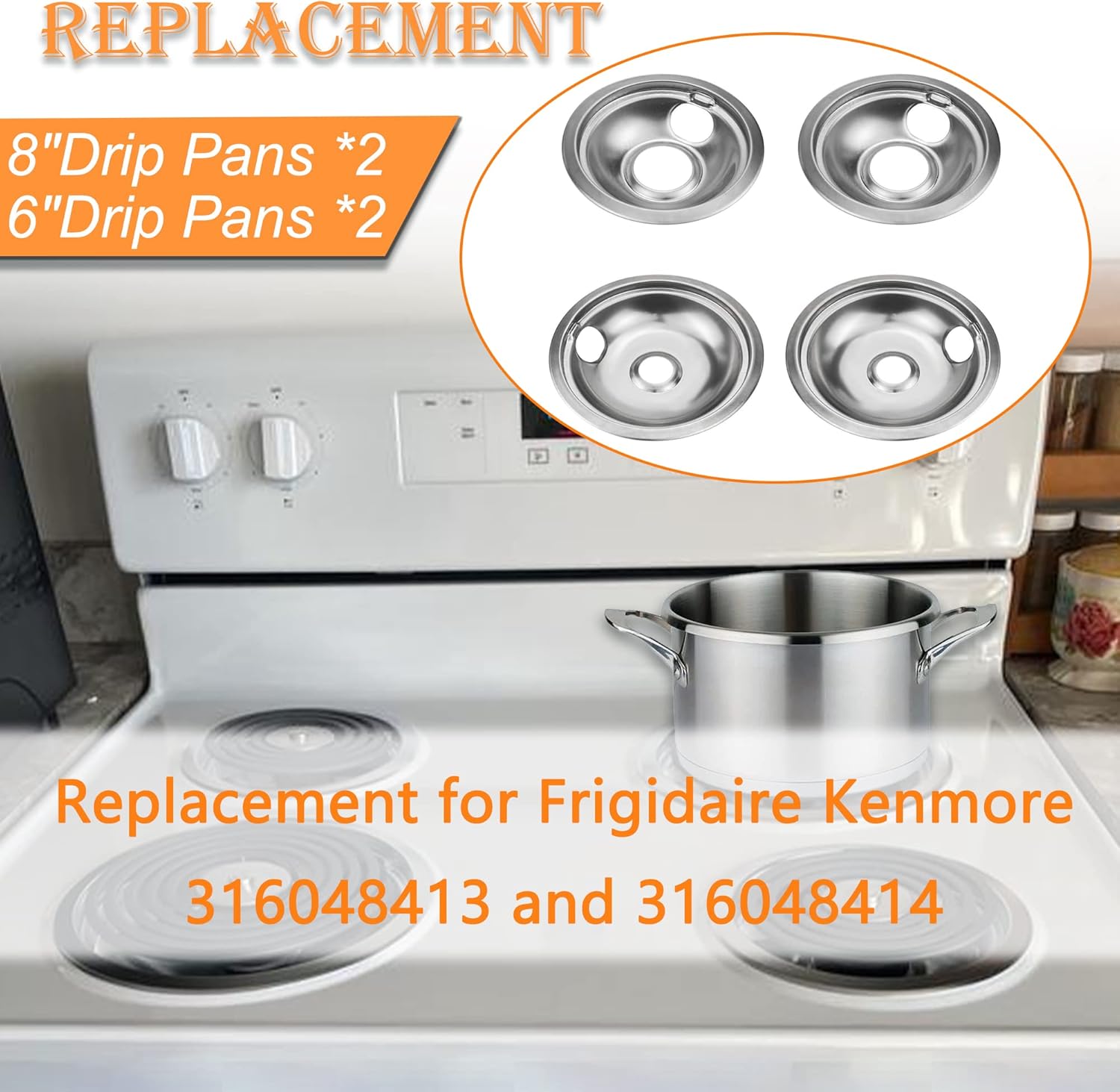 Stove Burner Covers,Replacement Chrome Drip Pans for Frigidaire Kenmore 316048413 and 316048414,4 pcs (4x6") - Image 2