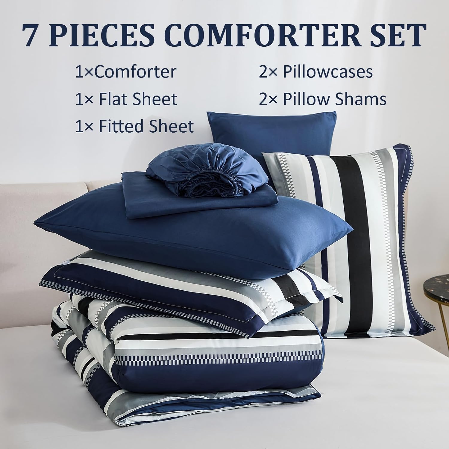 WONGS BEDDING Queen Comforter Set, 7 Pieces Blue Comforter Set Queen, Soft Striped Bed in a Bag Bedding Set with Comforter, Flat Sheet, Fitted Sheet, Pillow Shams, Pillowcase - Image 7