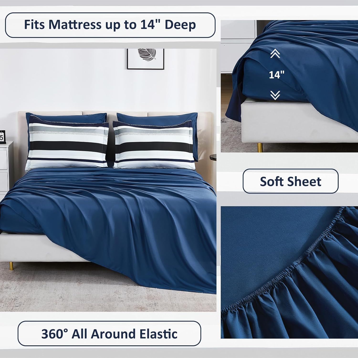 WONGS BEDDING Queen Comforter Set, 7 Pieces Blue Comforter Set Queen, Soft Striped Bed in a Bag Bedding Set with Comforter, Flat Sheet, Fitted Sheet, Pillow Shams, Pillowcase - Image 5