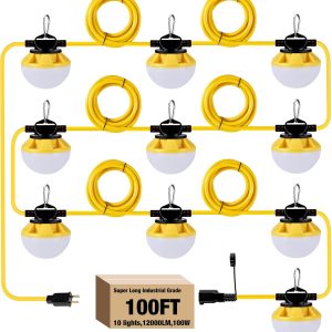 100FT Construction String Lights, IP65 Waterproof ETL Certified LED String Work Lights, 5000K Daylight 18AWG Wire Linkable Temporary Construction Lighting for Jobsite with 10 Bulbs & Hooks