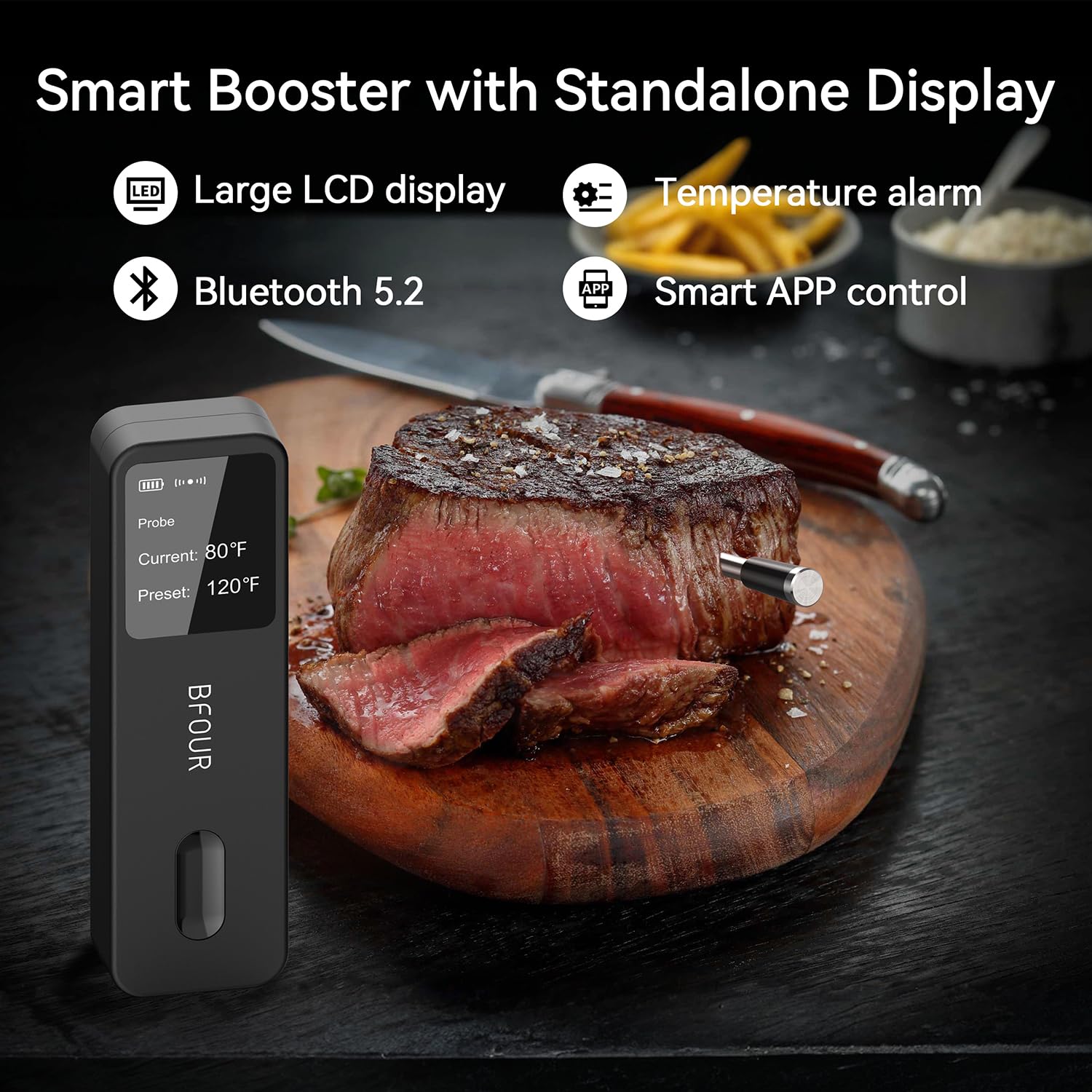 BFOUR Meat Thermometer Digital Wireless with LCD Booster, Bluetooth Food Cooking Thermometer with Smart App, 524FT Remote Range, 100% Waterproof & 752°F Heat Resistant Probe for BBQ Oven Grill Smoker - Image 2
