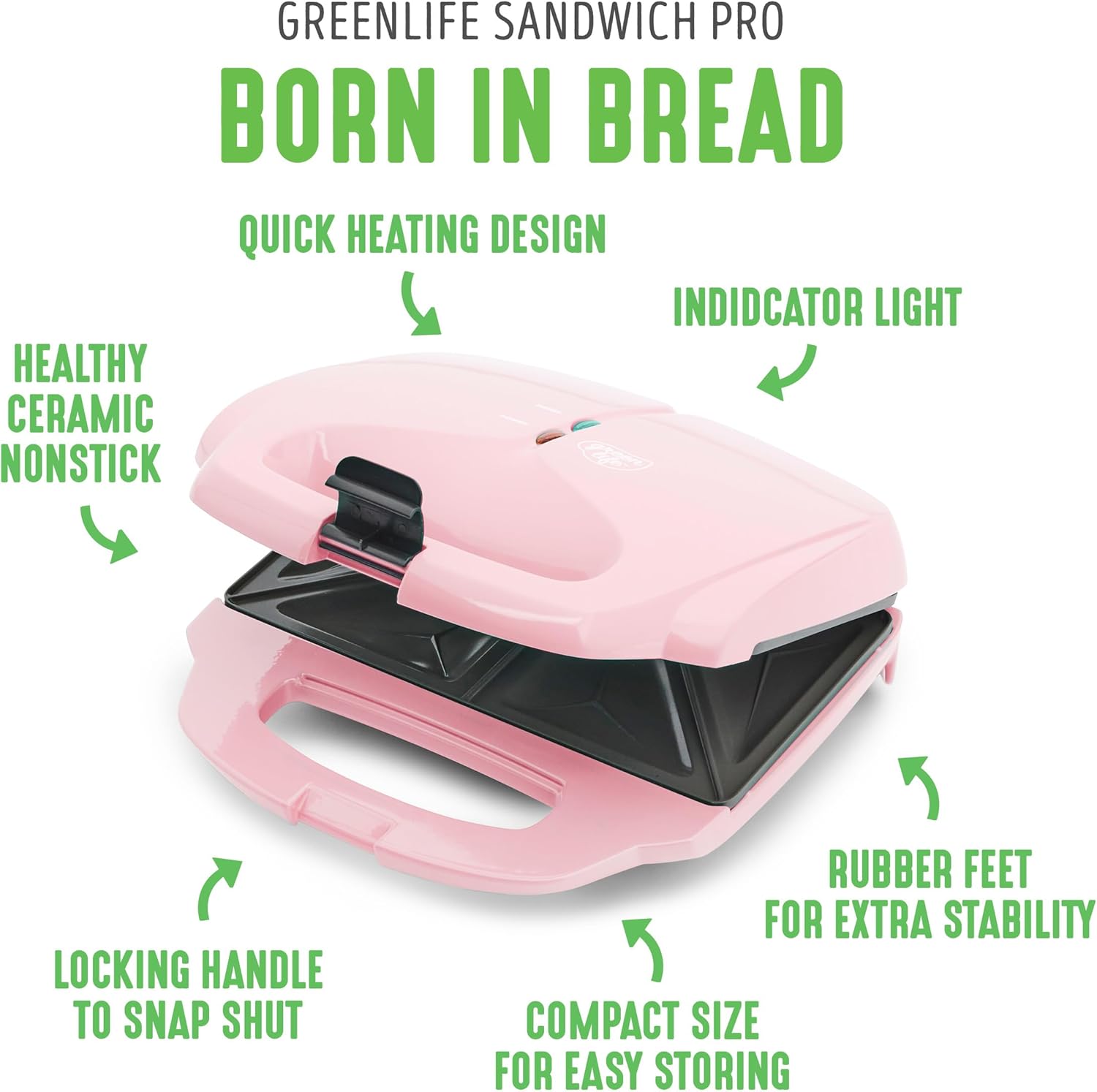 GreenLife Pro Electric Panini Press Grill and Sandwich Maker, Healthy Ceramic Nonstick Plates,Easy Indicator Light, PFAS-Free, Pink - Image 3