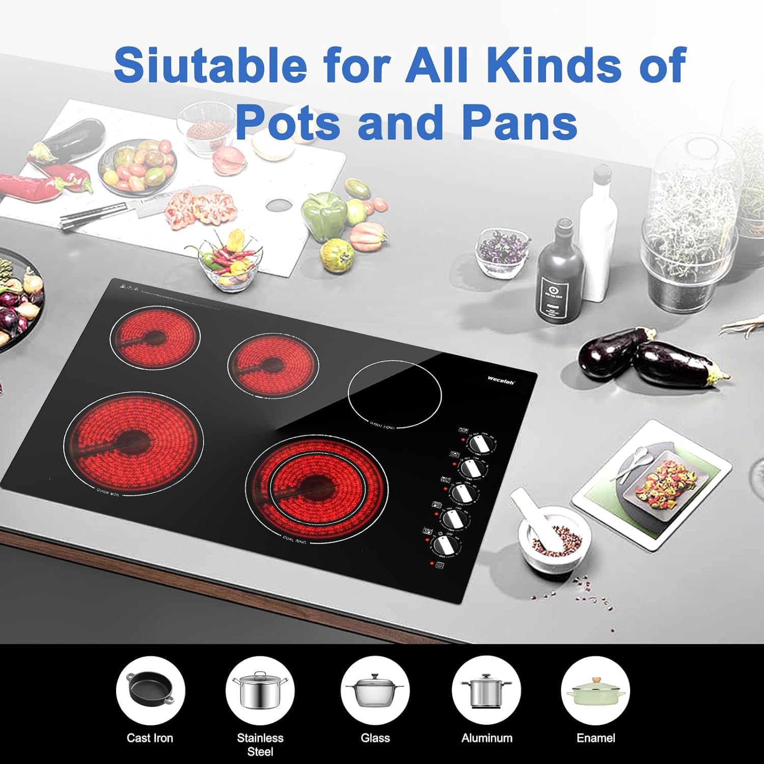 30 Inch Electric Cooktop 7300W Built-in Electric Stove Top 5 Burners 11 Power Levels,Knob Control,Keep Warm Function,Child Safety Lock,Hot Surface Indicator - Image 5