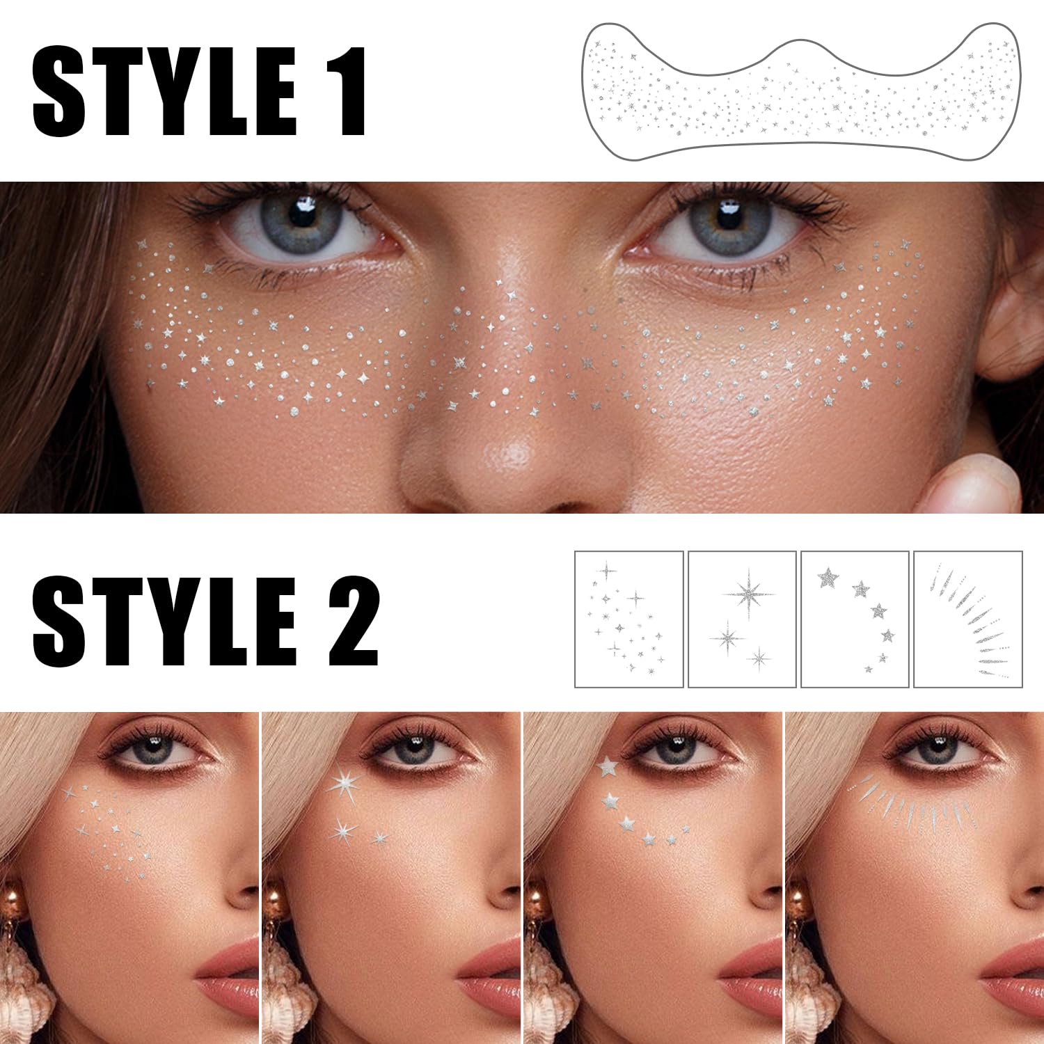 20PCS Glitter Freckles, Glitter Freckles Face Tattoo, Sparkle Freckles for Women and Kids, Cute Star Waterproof Silver Temporary Face Tattoos Glitter Glow Up Patches Makeup Patches (Silver) - Image 5