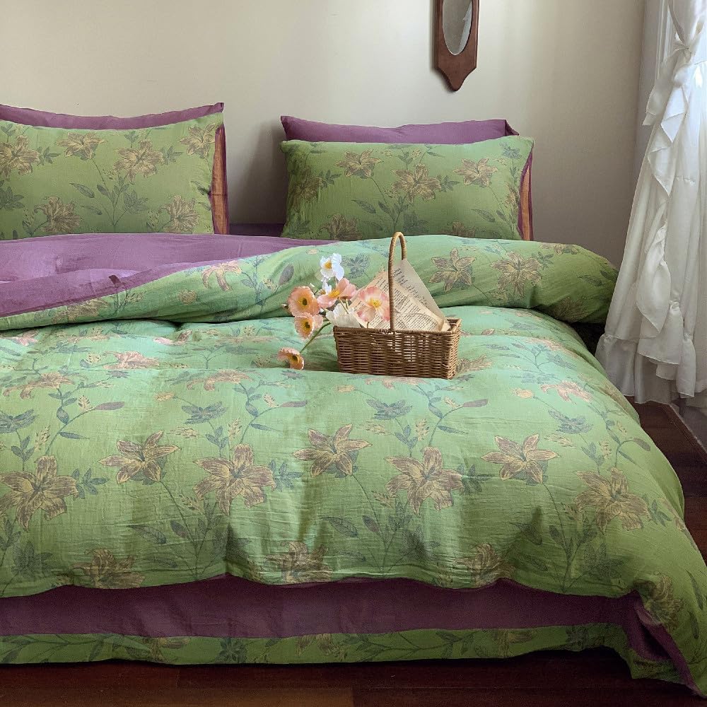 VM VOUGEMARKET Linen Cotton Jacquard Duvet Cover Queen,3 Pcs Yarn-Dyed Textured Duvet Cover Set Green Purple Floral Bedding Breathable, Natural Wrinkled Look-No Comforter - Image 8