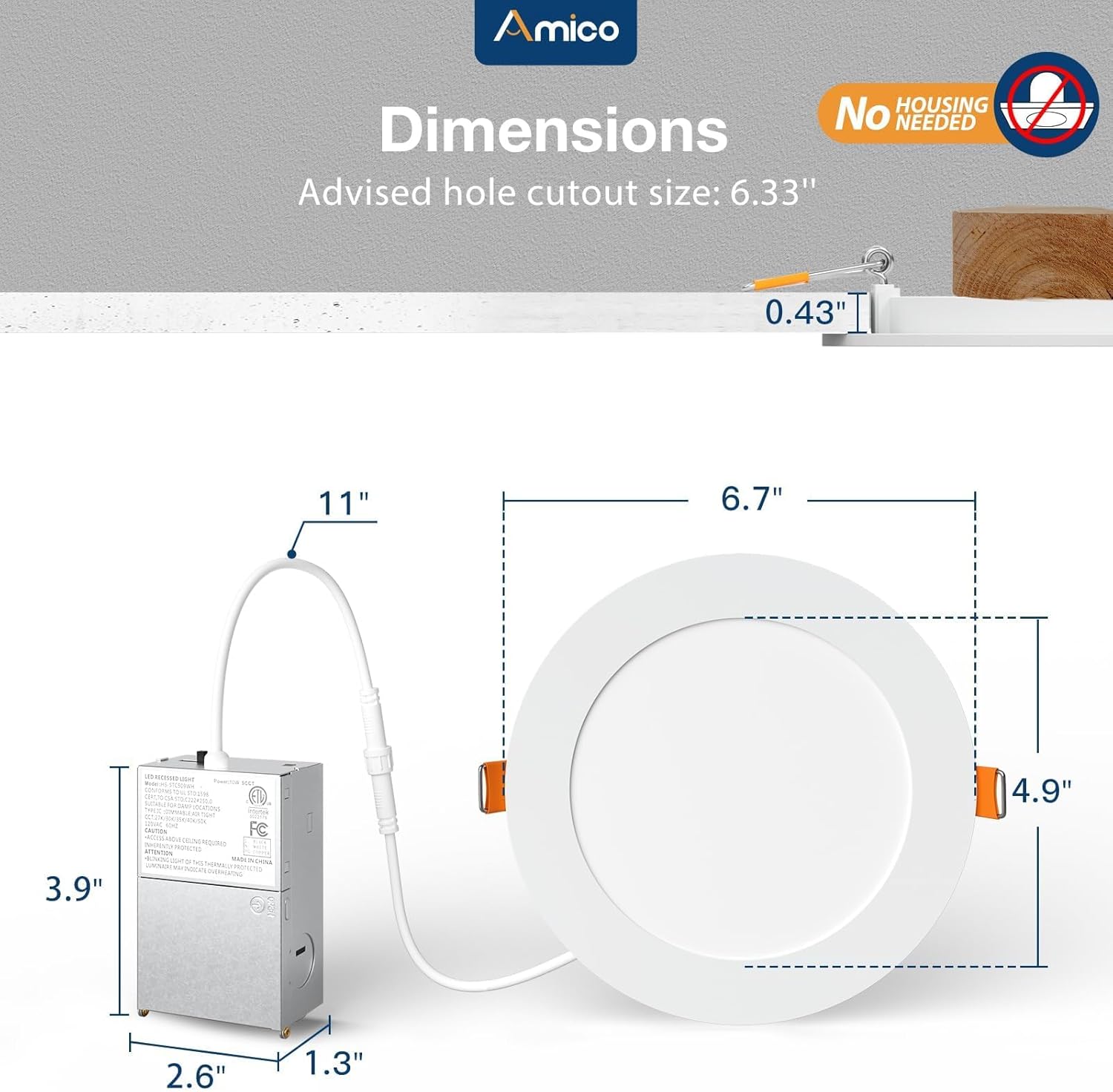 Amico 12 Pack 6 Inch 5CCT Ultra-Thin LED Recessed Ceiling Light with J-Box, 2700K/3000K/3500K/4000K/5000K Selectable, 12W=110W, Dimmable Canless Downlight, 1050LM High Brightness - Image 5
