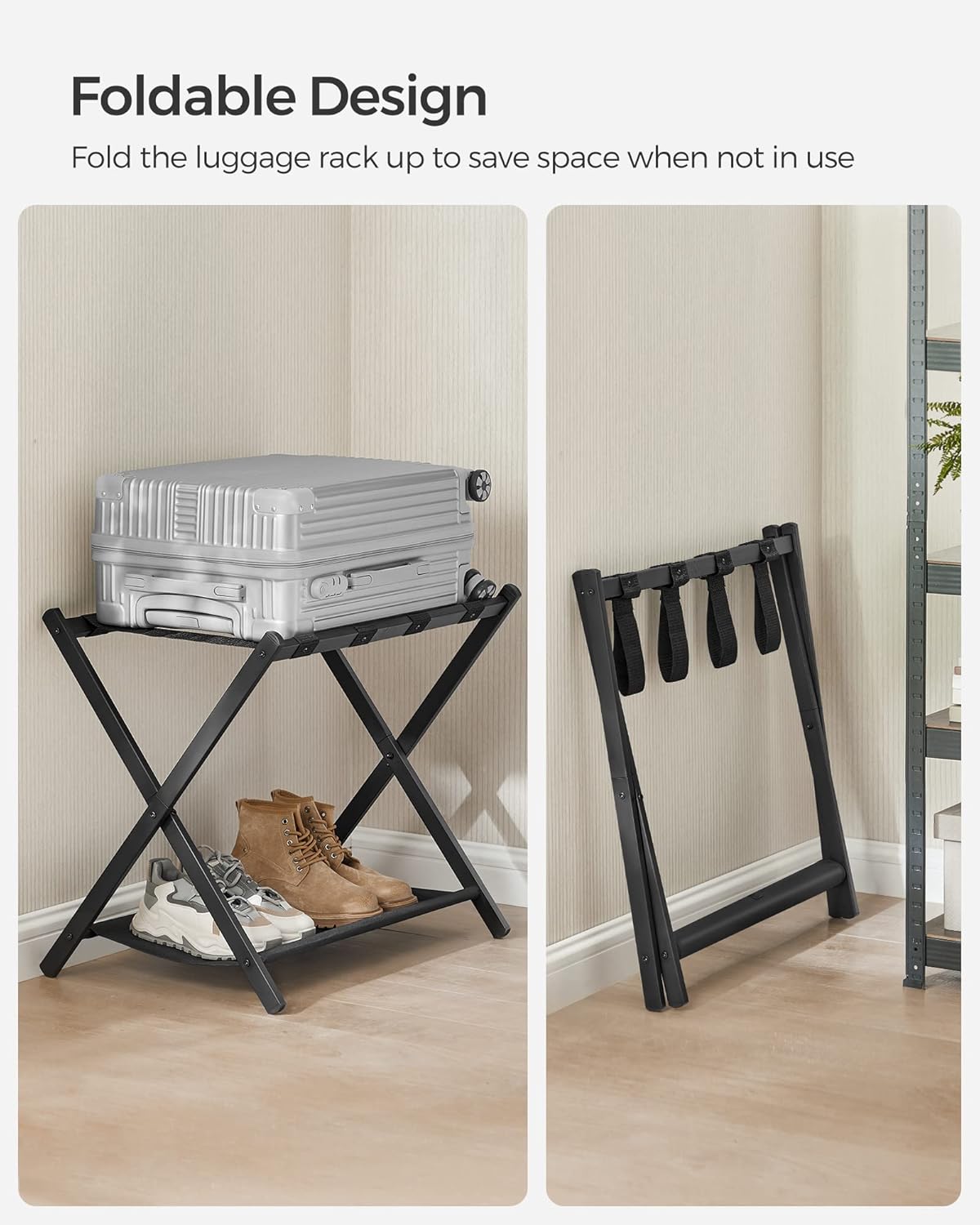 SONGMICS Luggage Racks for Guest Room, Set of 2, Suitcase Stand with Storage Shelf, Steel Frame, Foldable for Easy Storage, Hotel, Bedroom, Black URLR003B02 - Image 4
