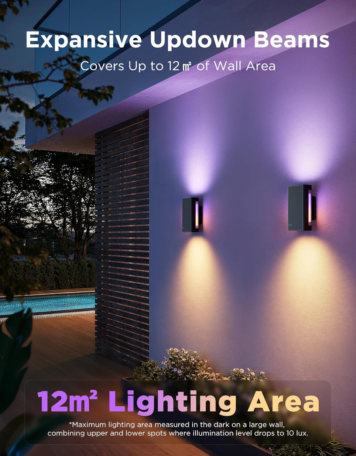 Govee Outdoor UpDown Wall Light, 2 Pack, 1200LM RGBICWW Smart Porch Lights Outdoor with 64 Scene Modes, IP66 Waterproof Wall Sconce for Outdoor Decor, Works with Alexa, Google Assistant and Matter - Image 4