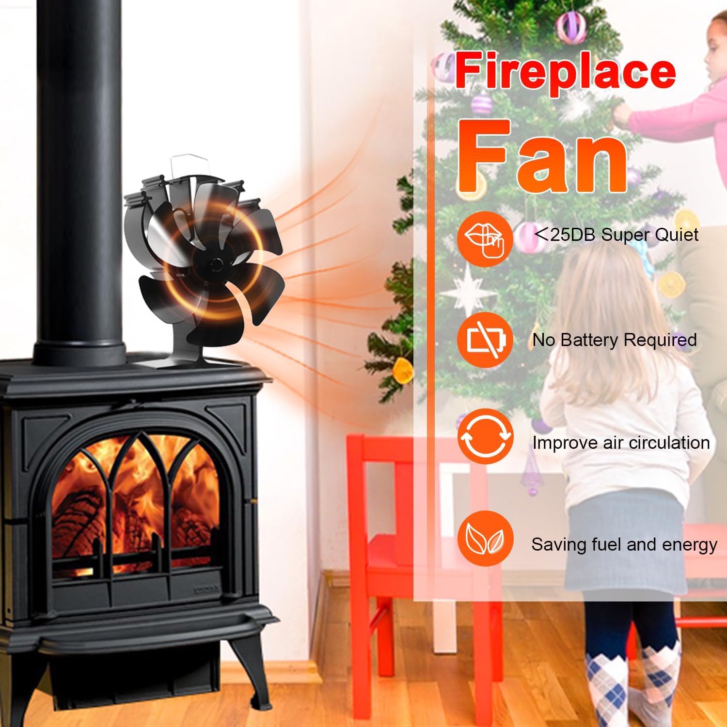 VODA Wood Stove Fan Heat Powered Fireplace Fans 6 Blades Non Electric Thermal Fan for Wood Burning Stoves Log Burner,w/Stove Accessories Thermometer - Image 3