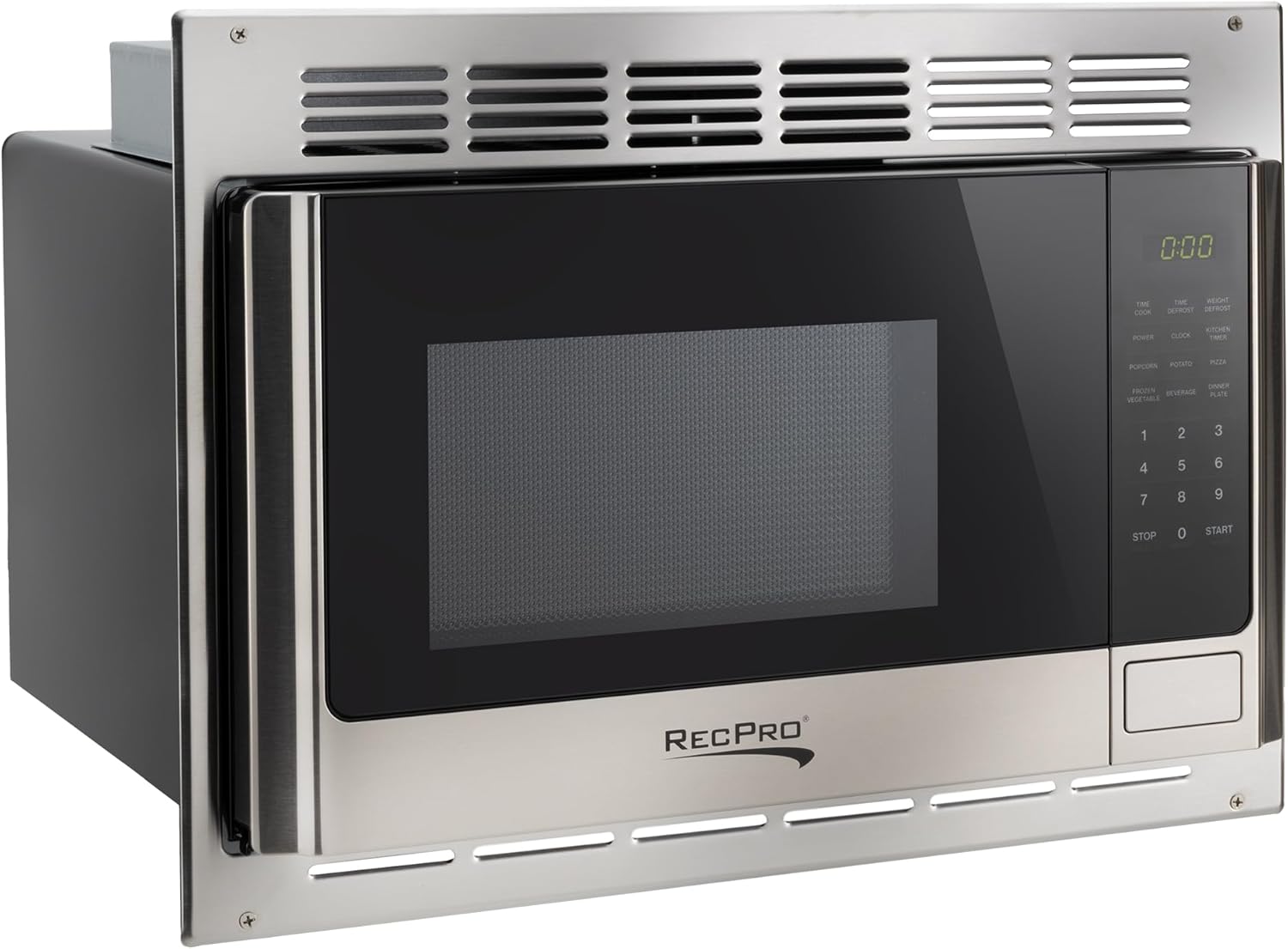 RecPro RV Microwave with Trim Kit | 1.0 Cu. Ft. | 900W | Direct Replacement for Greystone and High Pointe (Stainless Steel)