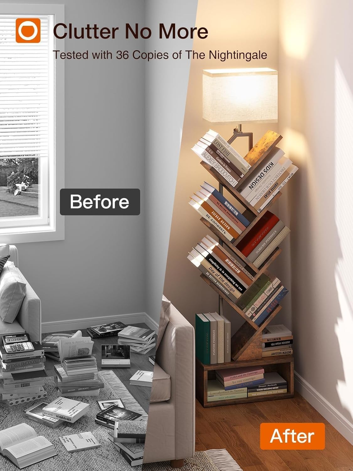 addlon 6-Tier Tree Book Shelf with LED Light, Steel&Wood Bookshelf with Storage Cabinet, Narrow Tall Bookcase with 3CCT Bulb, Small Bookshelf for Bedroom, Home Office&Living Room-Rustic Brown - Image 4