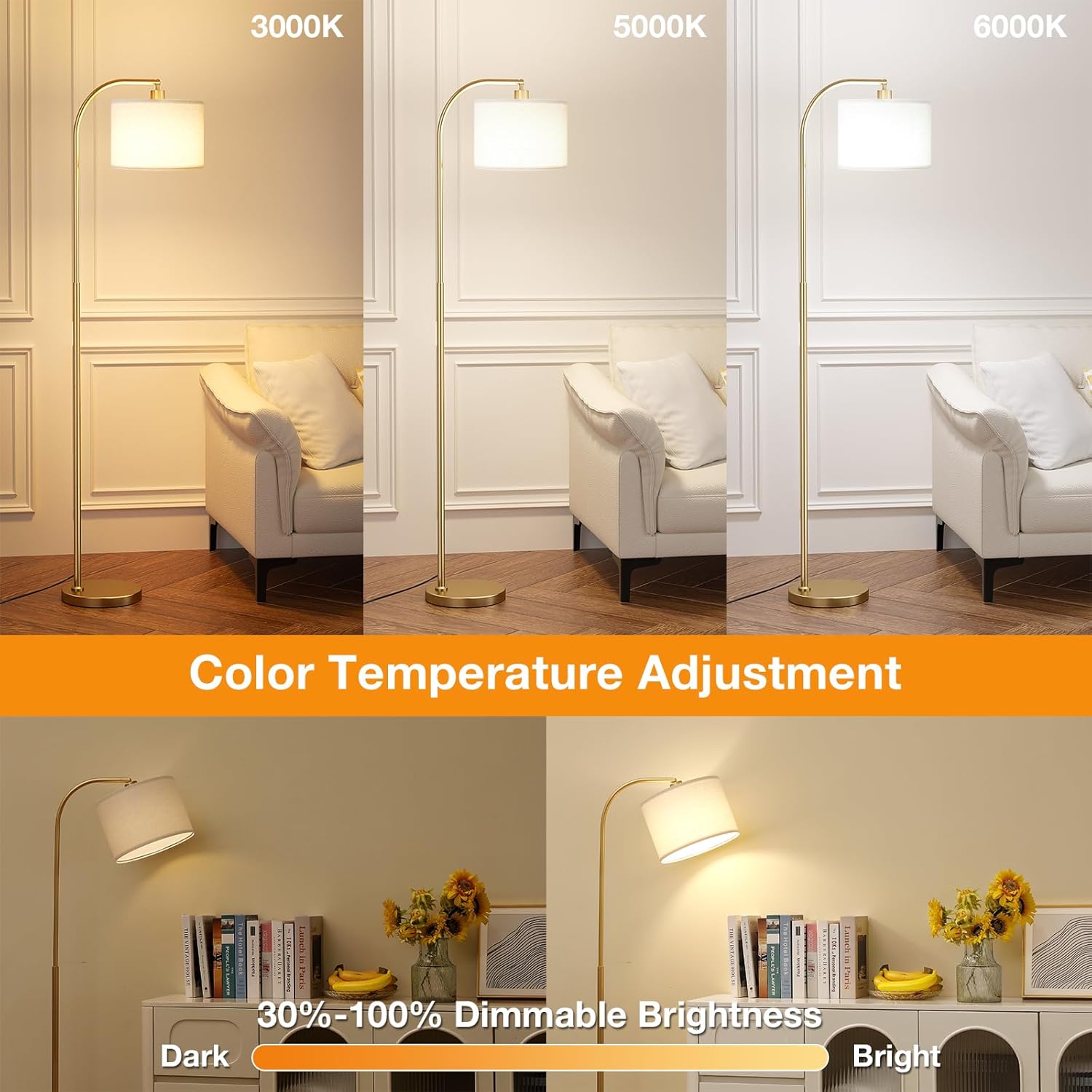 Arc Floor Lamp with Remote and Stepless Dimmable Bulb, Colors Temperature & Brightness Adjustable, Gold Floor Lamps for Living Room(Deep Beige Shade & Gold Pole) - Image 2