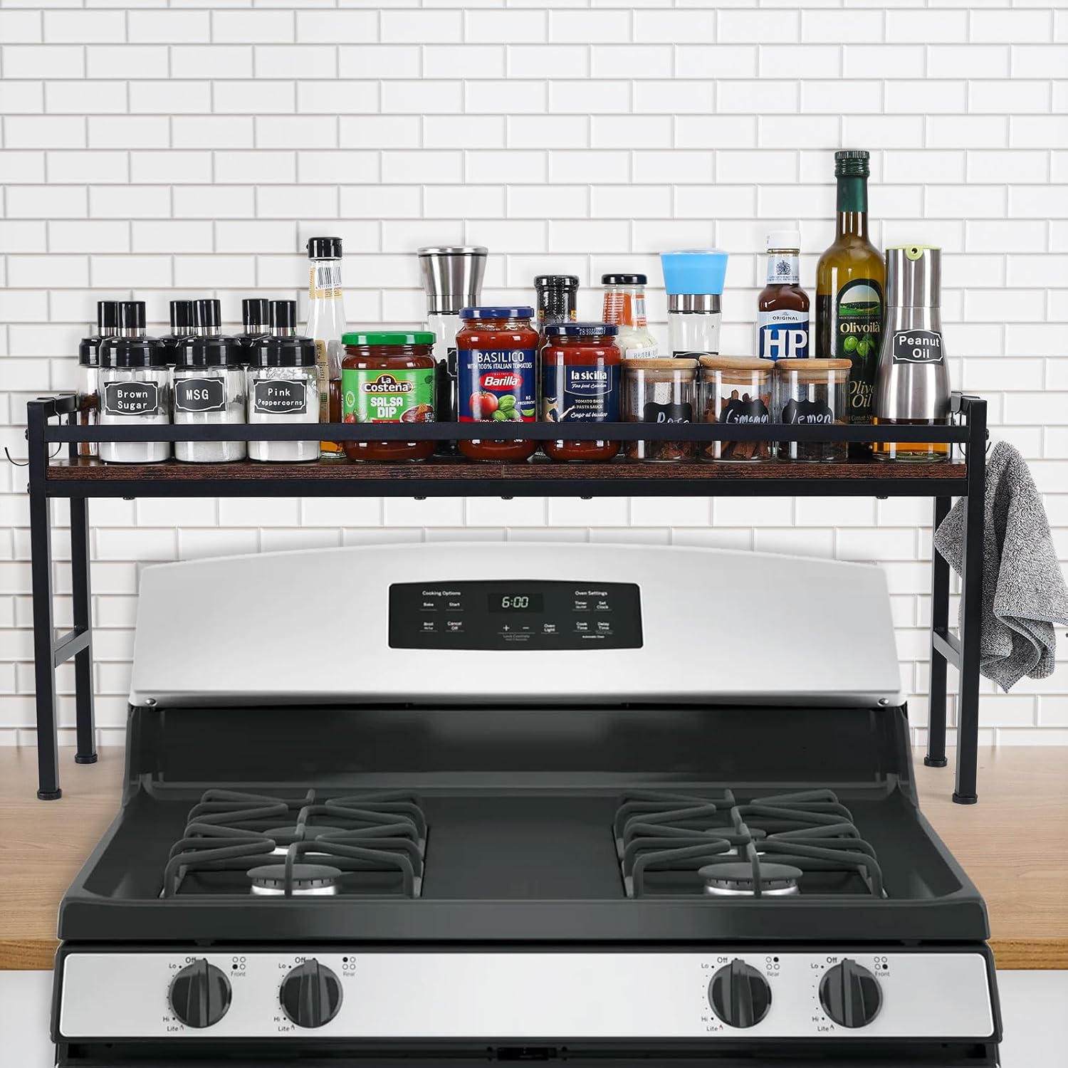Spice Rack Shelf for Kitchen Stove,Stove Top Shelf with 4 hooks Extra Storage Countertop, Seasoning Organizer,Kitchen Organizers and Storage