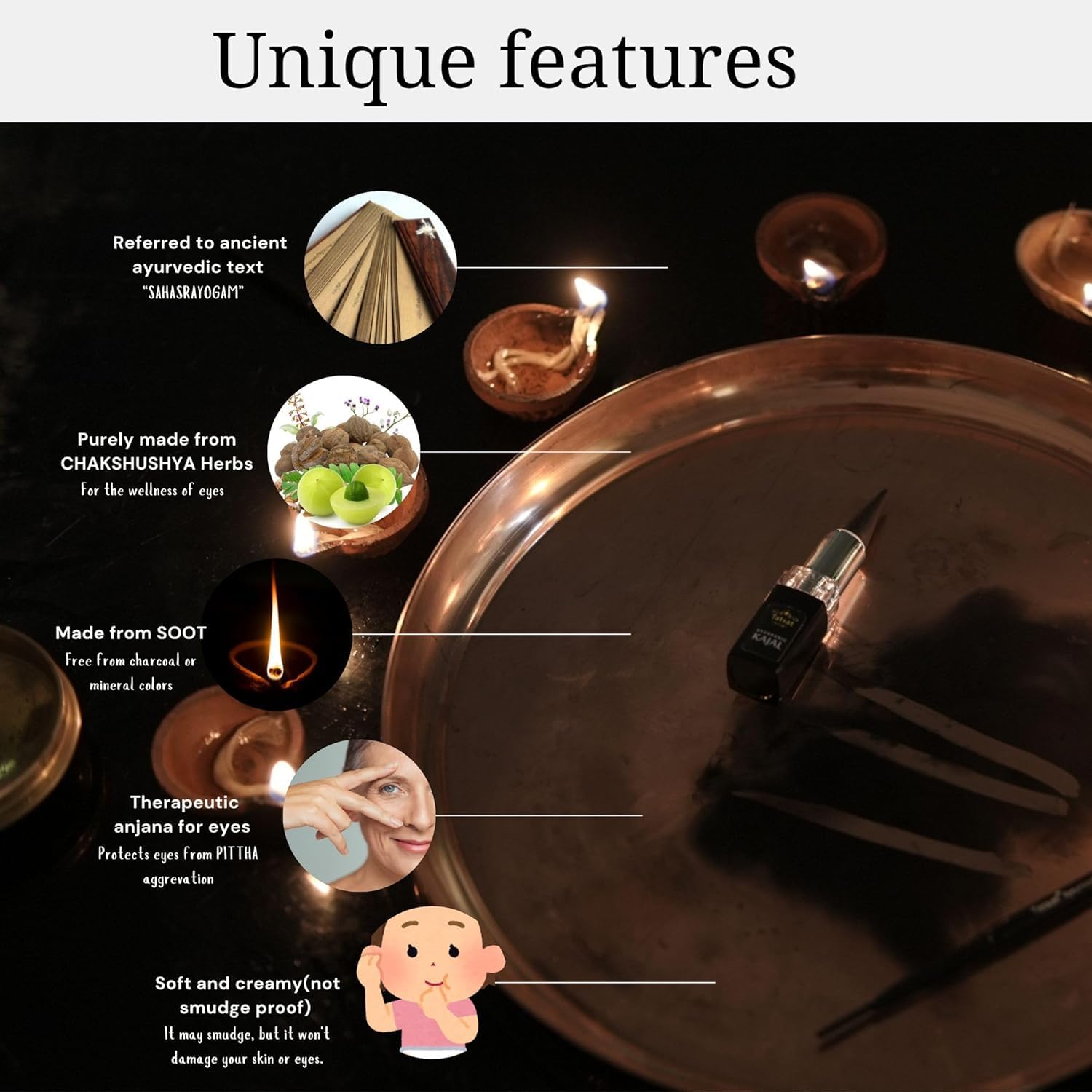 TATSAT - WELLNESS THROUGH AYURVEDA Kajal With Pure Herbs, Medicated Soot And Desi Cow Ghee|Safe For Babies|Lab Tested|No Preservatives, Black, Matte Finish (1 Count (Pack of 1)) - Image 3