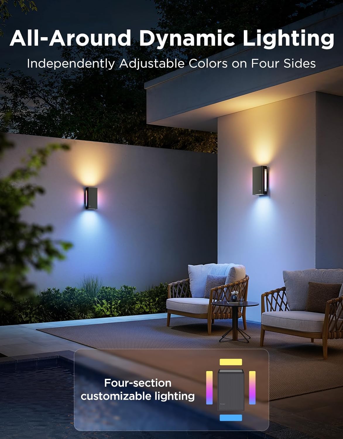 Govee Outdoor UpDown Wall Light, 2 Pack, 1200LM RGBICWW Smart Porch Lights Outdoor with 64 Scene Modes, IP66 Waterproof Wall Sconce for Outdoor Decor, Works with Alexa, Google Assistant and Matter - Image 3