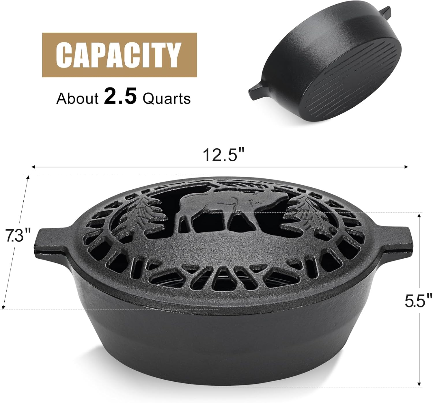Wood Stove Steamer 2.5 Quart, Humidifier with Decorative Deer Pattern, Cast Iron, Rust Resistant Matte Black - Image 2