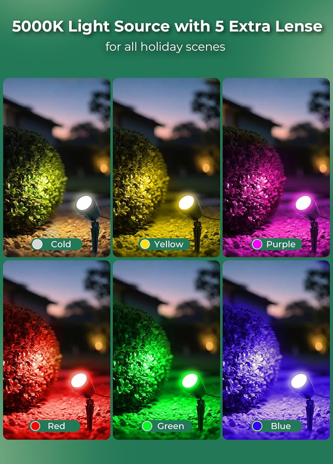 Christmas Spotlights Outdoor, 120V Plug-in Halloween Spot Light, 5000K LED Landscape Lighting with 5 Color Lenses (Red Green Blue Purple Yellow), IP67 Waterproof, 2 Pack - Image 3