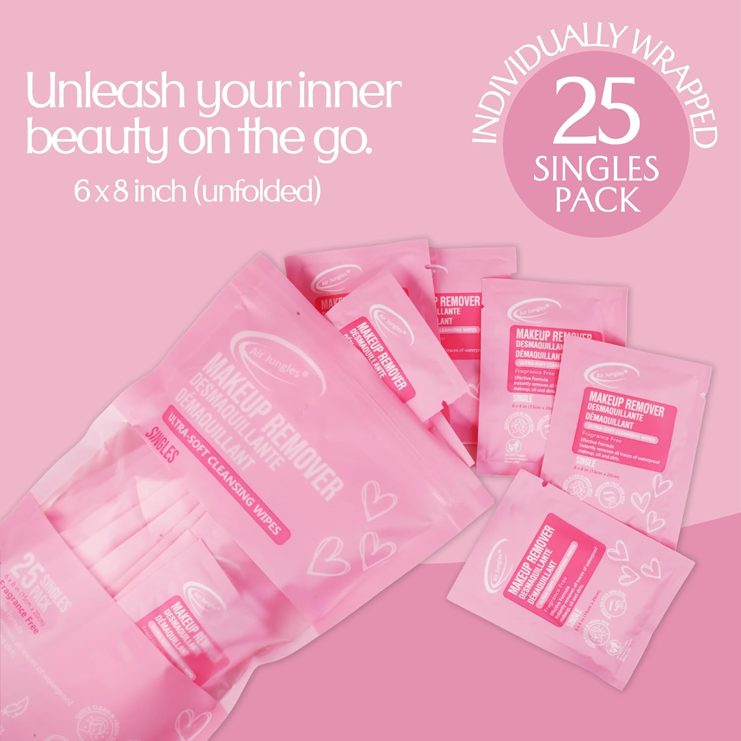 Air Jungles Makeup Remover Wipes Single Wrapped, 25 Ct, Mini Travel Size for Cleansing Face and Eyes, Fragrance-Free, Alcohol-Free, Infused with Vitamin E for All Type Skin - Image 6