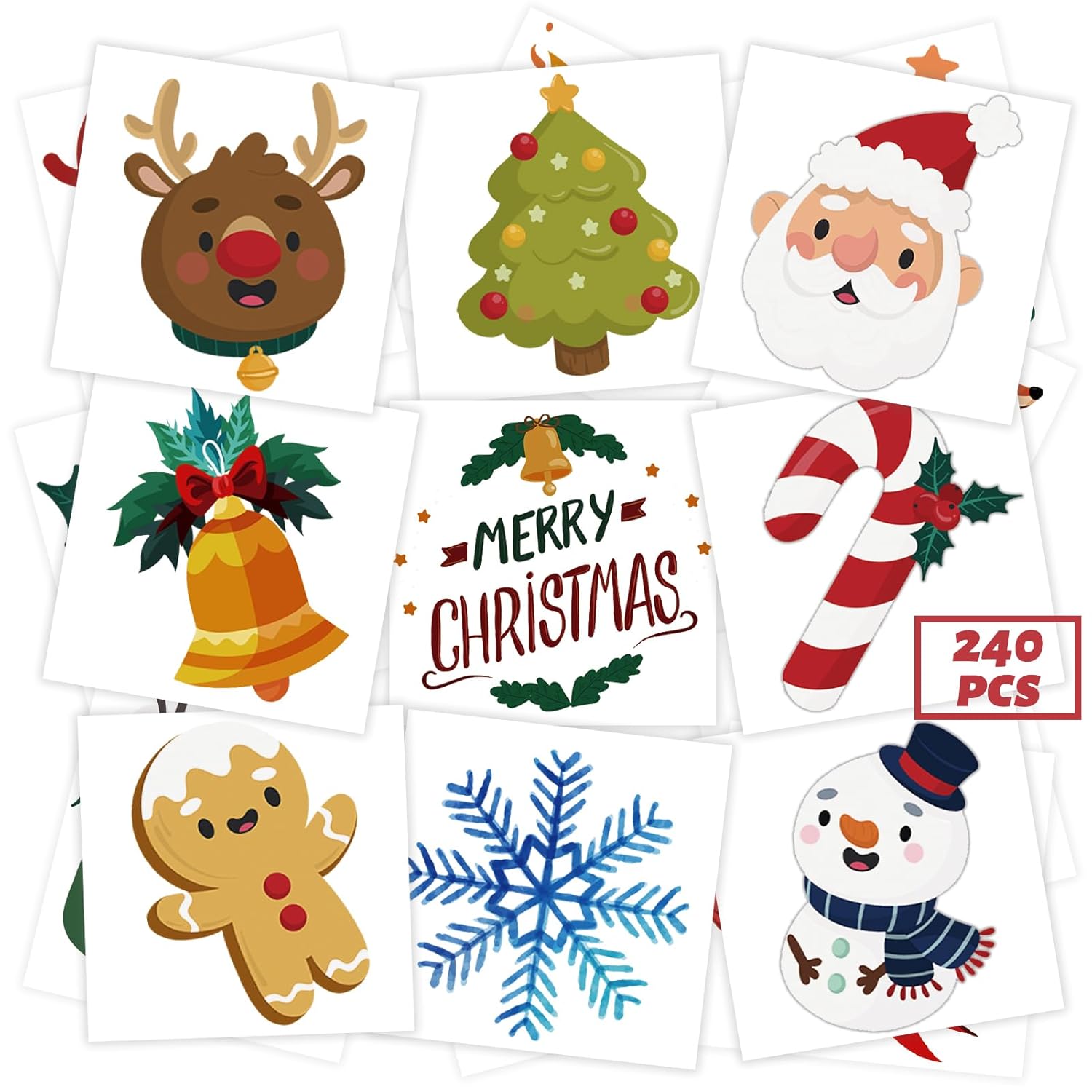 winthrop 240 Pcs Bulk Christmas Temporary Tattoos for Kids, Individually Wrapped Waterproof Safety Tattoos Stickers, Best Choice for Christmas Goody Bag Stuffers, 60 Different Designs Snowman Santa
