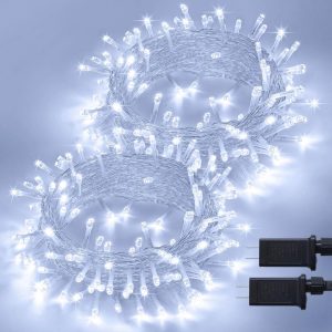 JMEXSUSS 2 Pack 100 LED White Christmas Lights Indoor, 33ft 8 Modes White String Lights Indoor Outdoor Connectable, Clear Wire Christmas String Lights for Bedroom Tree Xmas House Party Decorations