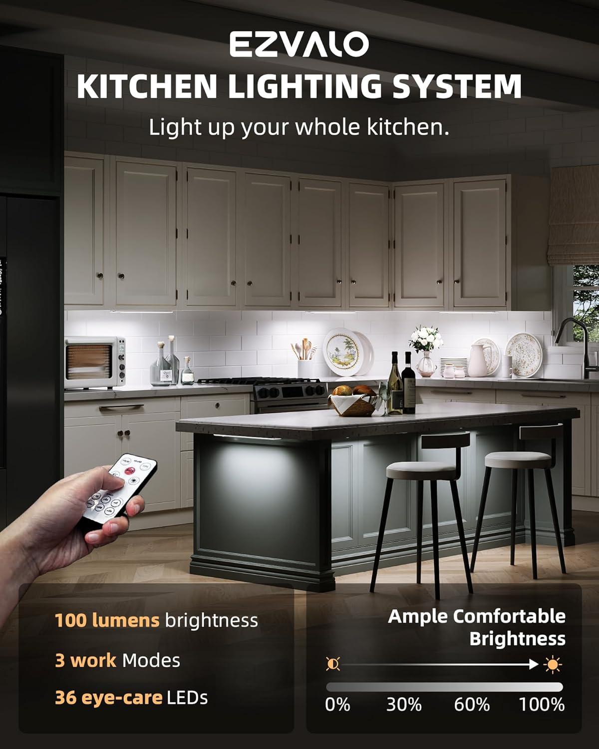 EZVALO 3 Pack Under Cabinet Lighting, Rechargeable Motion Sensor Light, LED Closet Lights Wireless, 5700K Dimmable, Timer, Magnetic, with Remote Control for Kitchen, Closet, Stair - Image 4