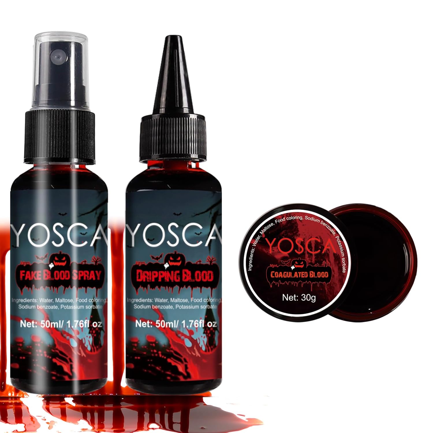 Yosca 3Pcs Halloween Fake Blood, Realistic Washable Fake Blood Spray, Dripping, Coagulated Halloween Makeup Kit, Face Body Paint Special Effects Makeup for Clown Zombie Bride Vampire Monster Cosplay