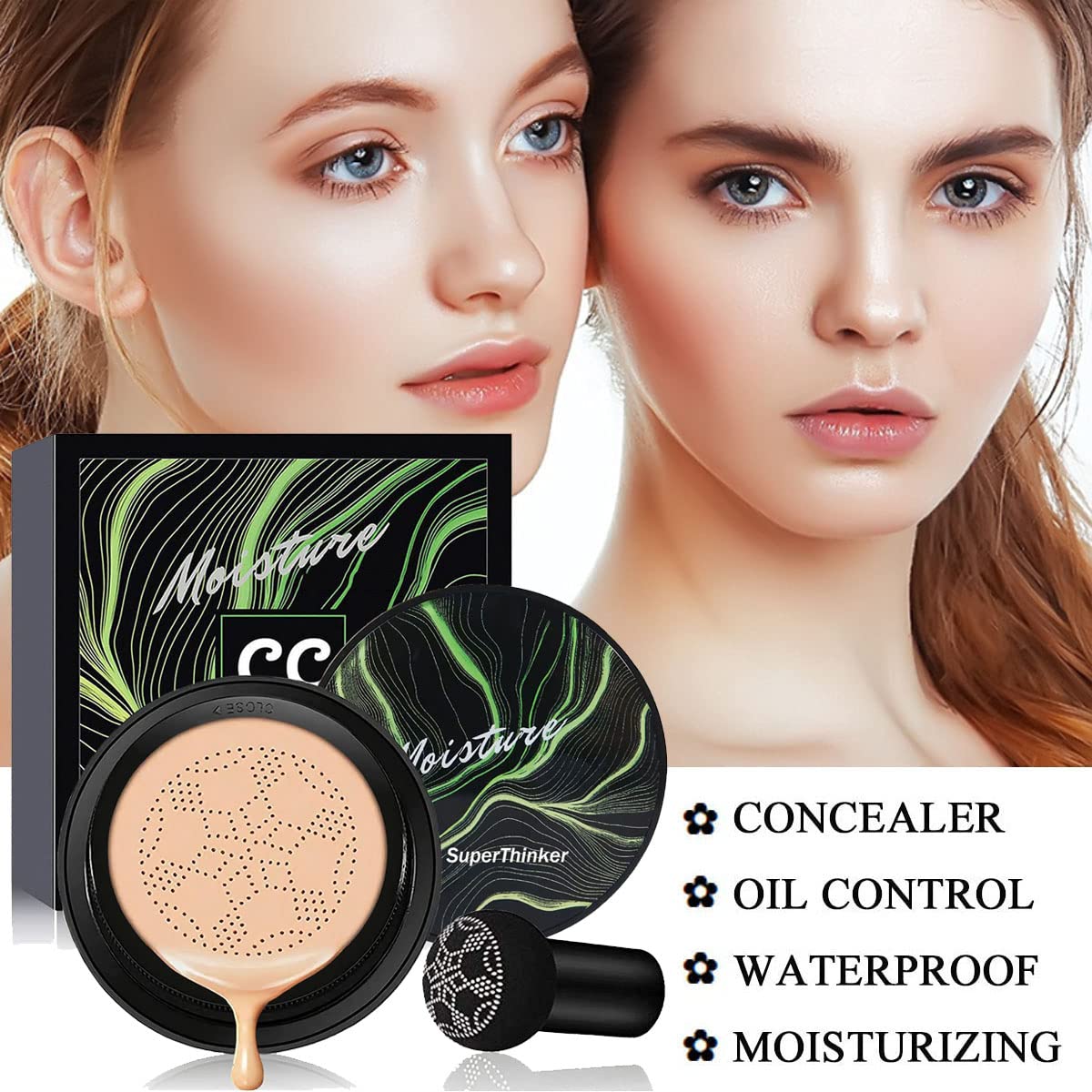 Air Cushion CC Cream Mushroom Head Foundation, Moisturizing BB Cream Makeup Long Lasting Matte Concealer (Natural) - Image 2